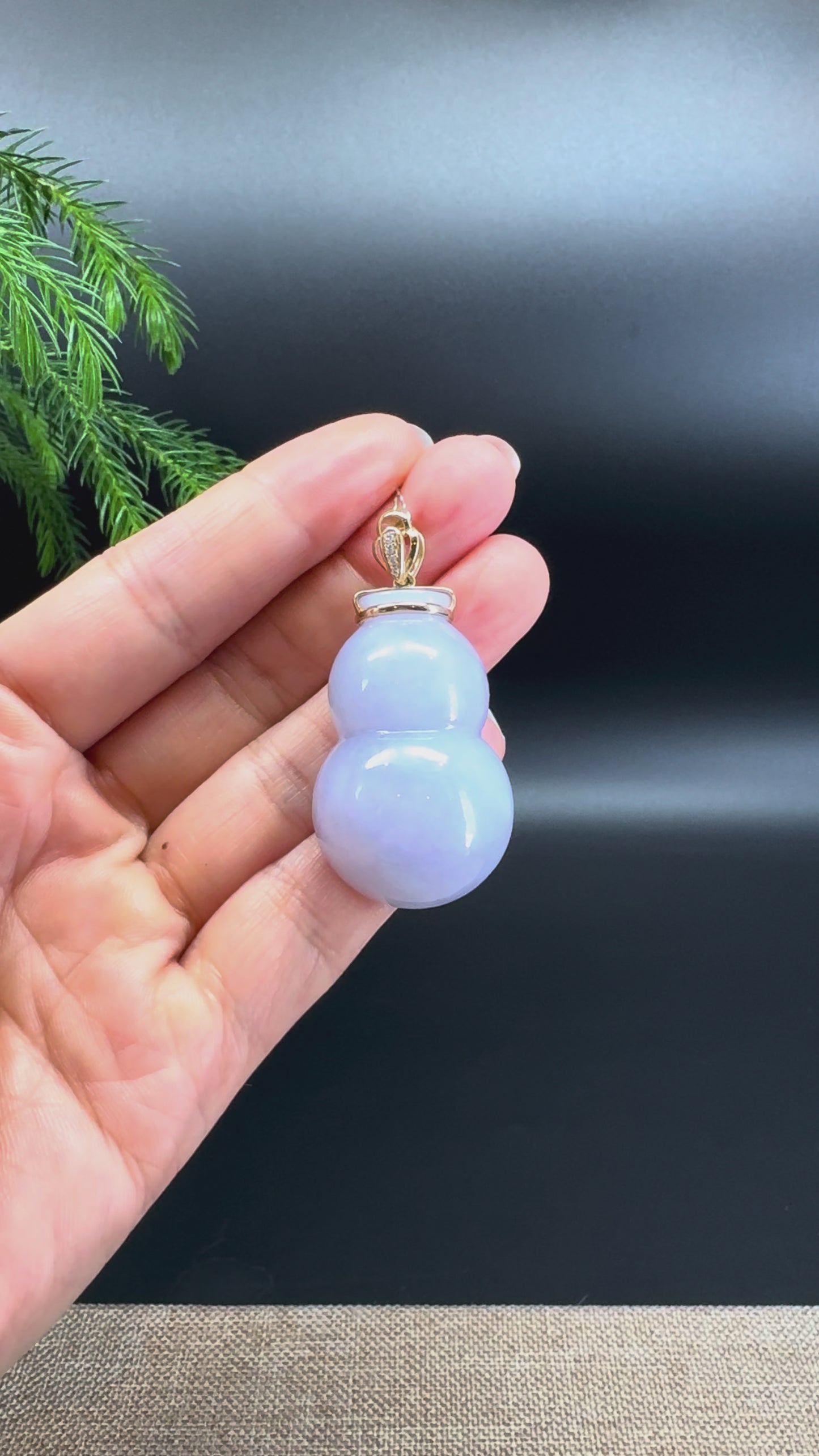 Load and play video in Gallery viewer, Genuine Blue Lavender Jadeite Jade Hulu Necklace With 14K Yellow Gold Diamonds Bail
