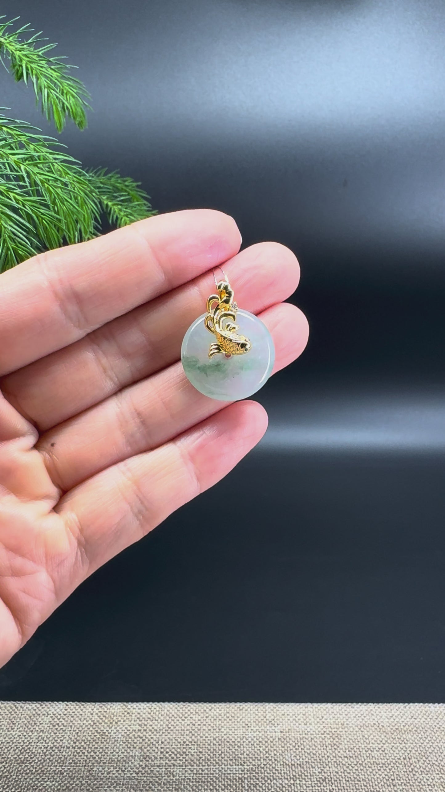 "Good Luck Button" Jadeite Jade Lucky KouKou Pendant With 18K Yellow Gold Diamonds Bail