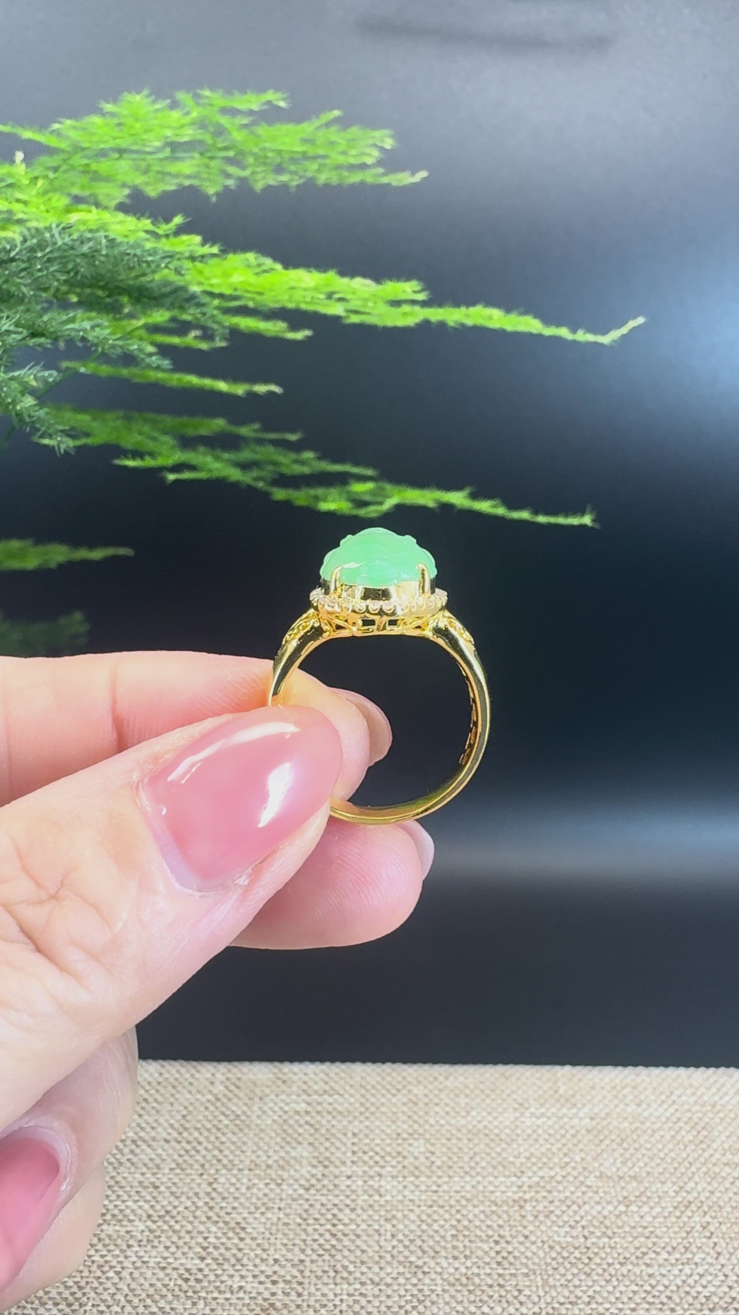 Load and play video in Gallery viewer, RealJade® &amp;quot;Signature Signet&amp;quot; 18K Yellow Gold Icy Green Jadeite Jade Diamonds Triangular Toad Ring
