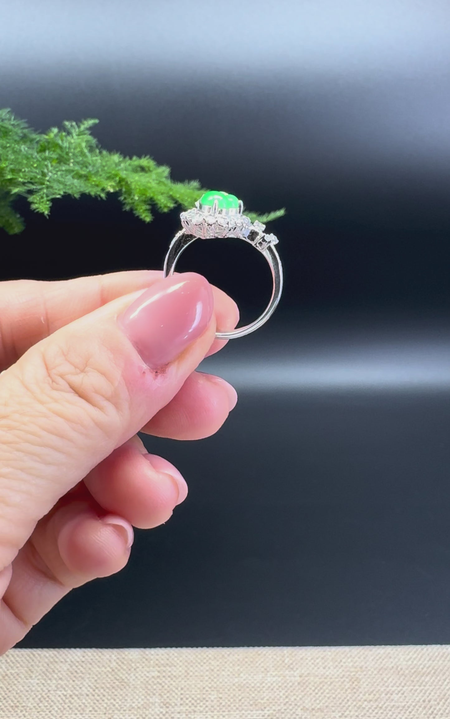 RealJade® 18k White Gold Natural Icy&Green Jadeite Hulu Ring With Diamonds