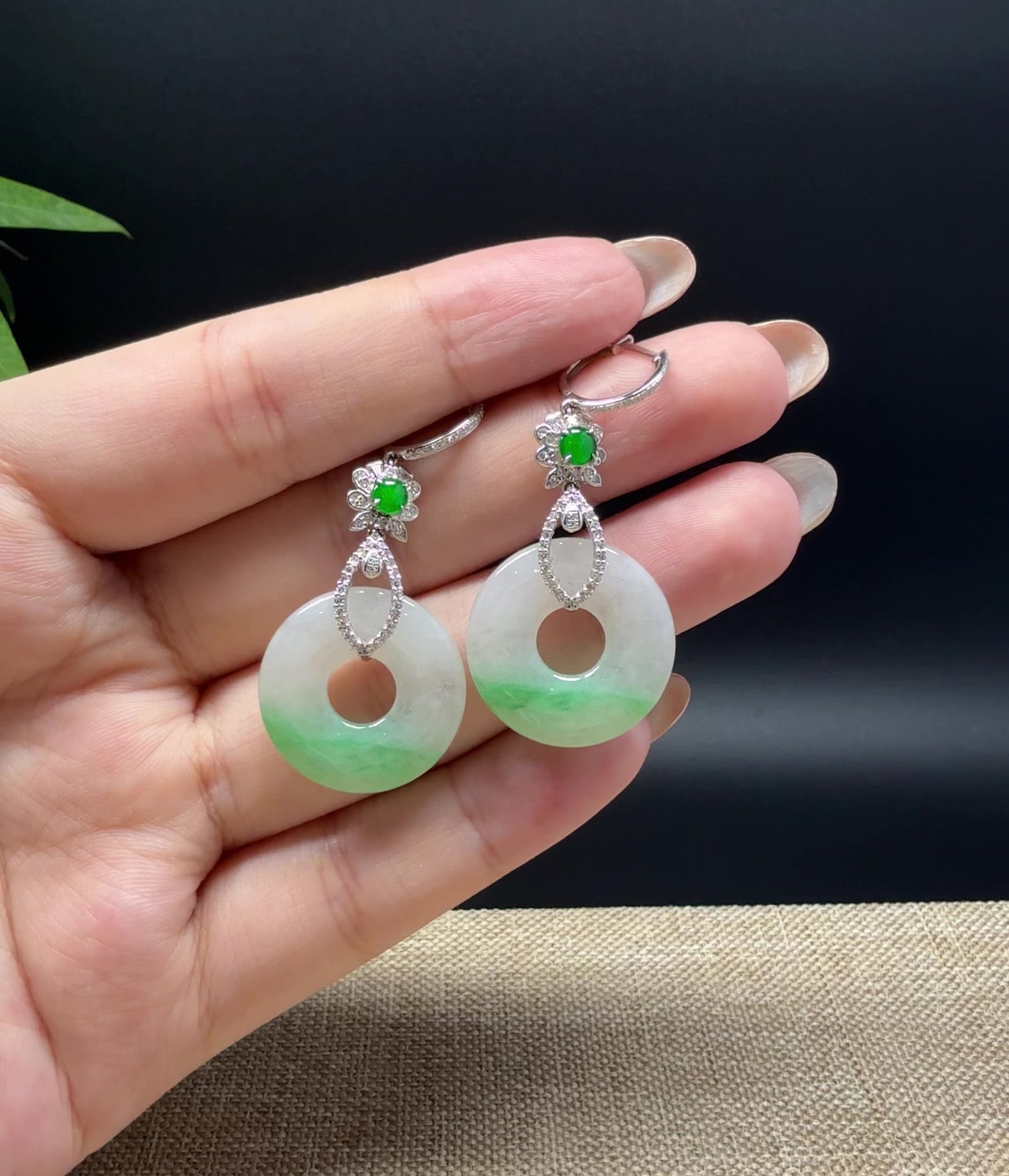 Load and play video in Gallery viewer, 18k White Gold Genuine White Green Jadeite Jade Earrings With Diamonds
