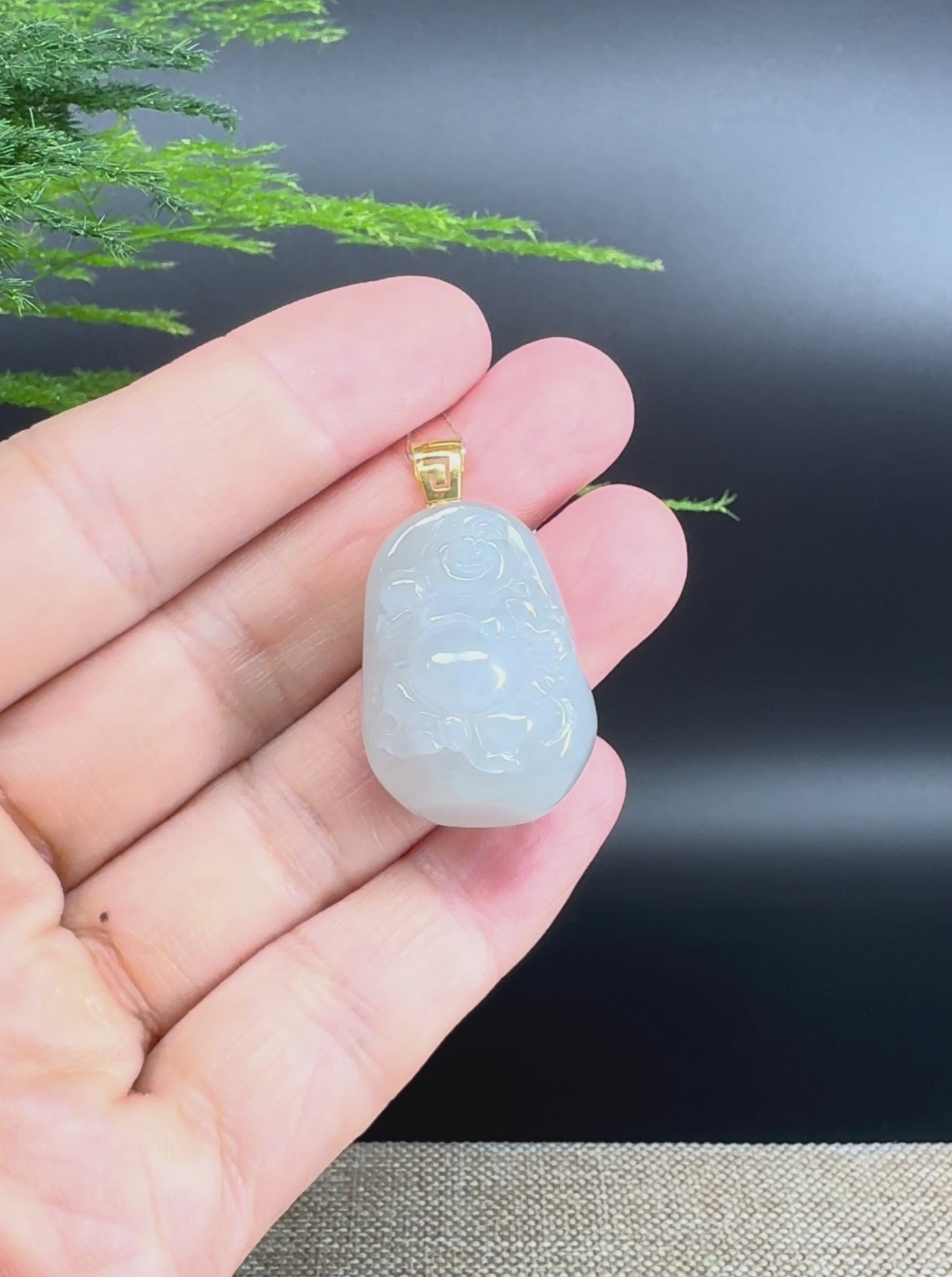 Load and play video in Gallery viewer, 18K Yellow Gold Burmese White Jadeite Jade Happy Buddha Pendant
