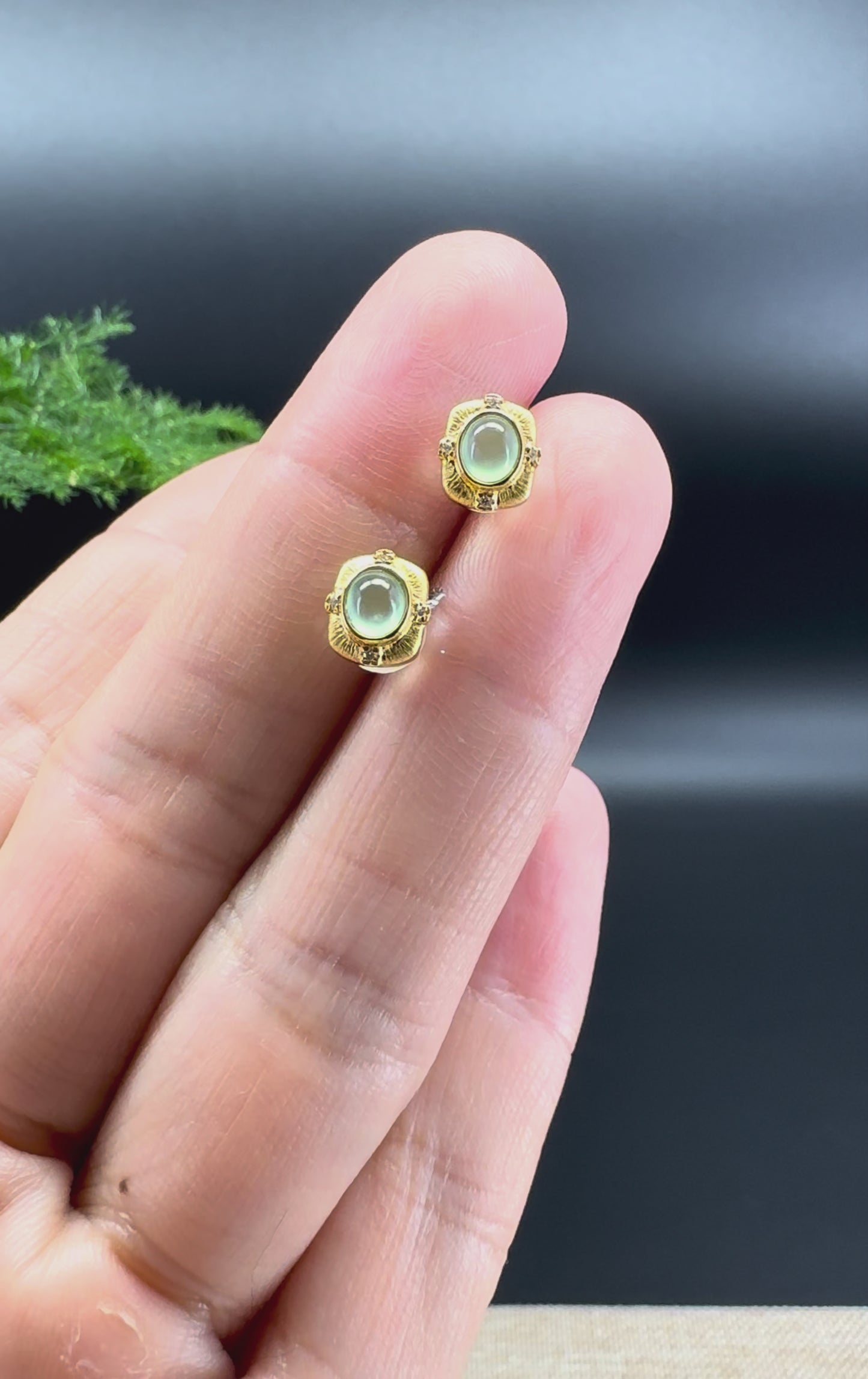 Load and play video in Gallery viewer, RealJade® 18k Yellow Gold Apple Green Jadeite Jade Oval Stud Earrings with Diamonds
