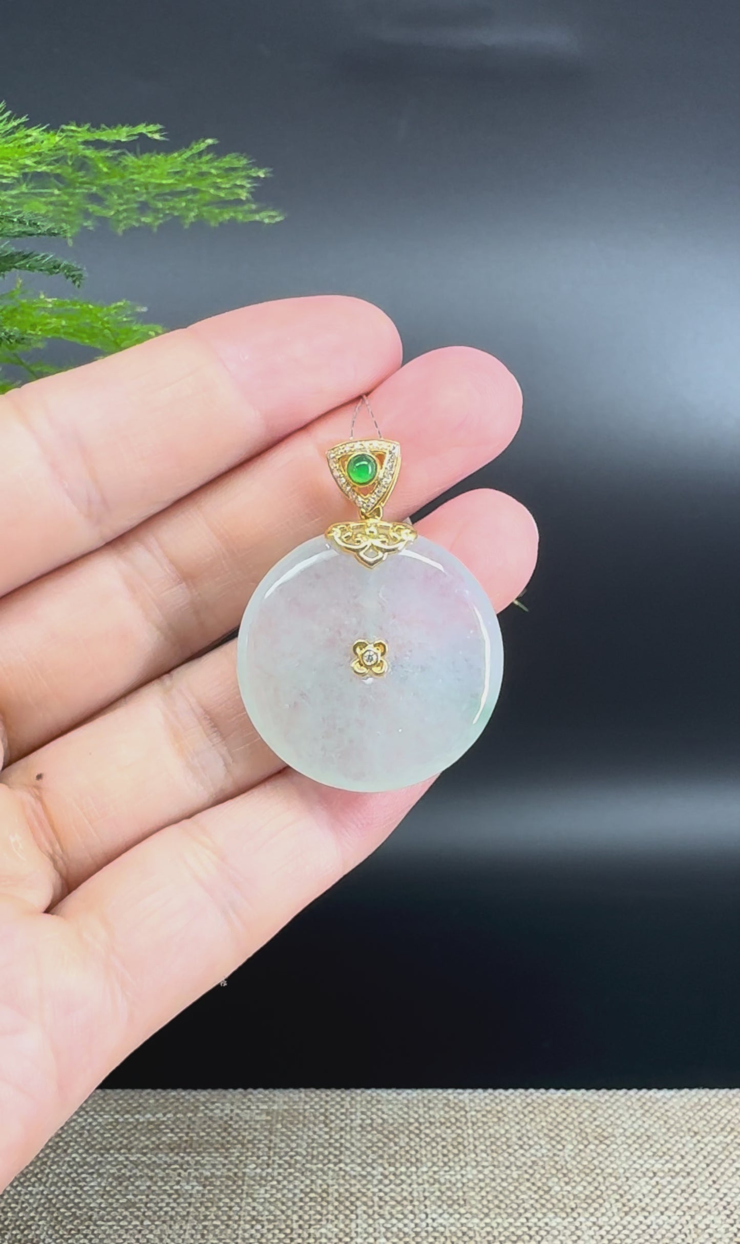 "Good Luck Button"Icy White Jadeite Jade Lucky KouKou Pendant With 18K Yellow Gold Bail