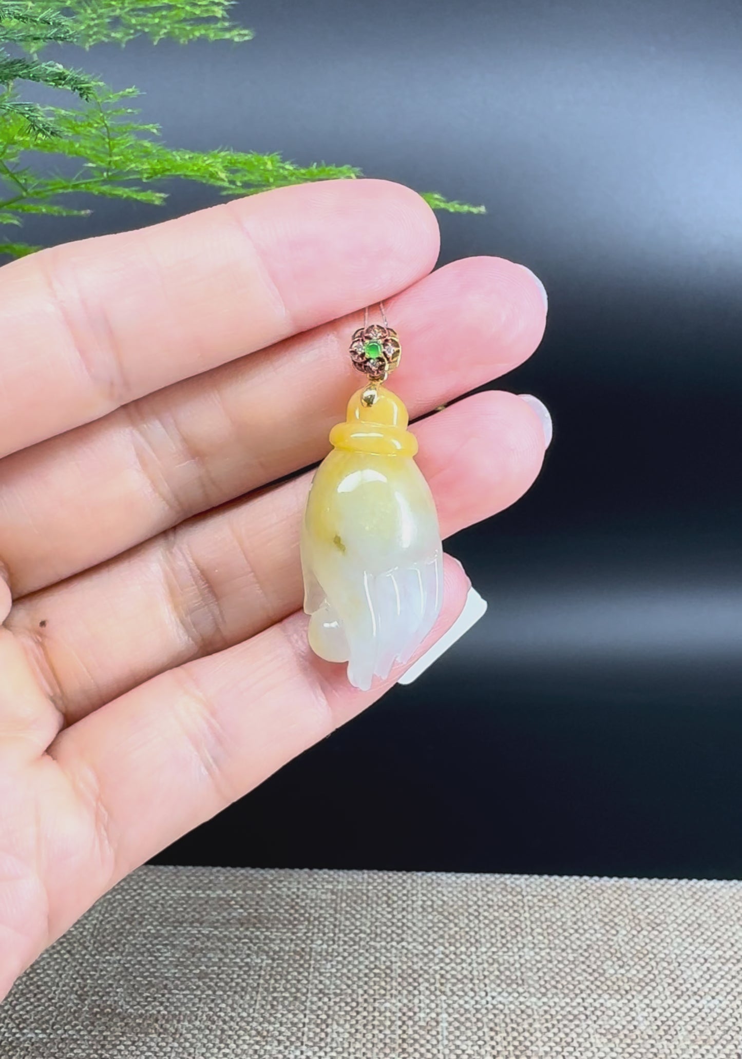 18K Yellow Gold Burmese Icy Yellow Jadeite Jade Buddha Hand Pendant
