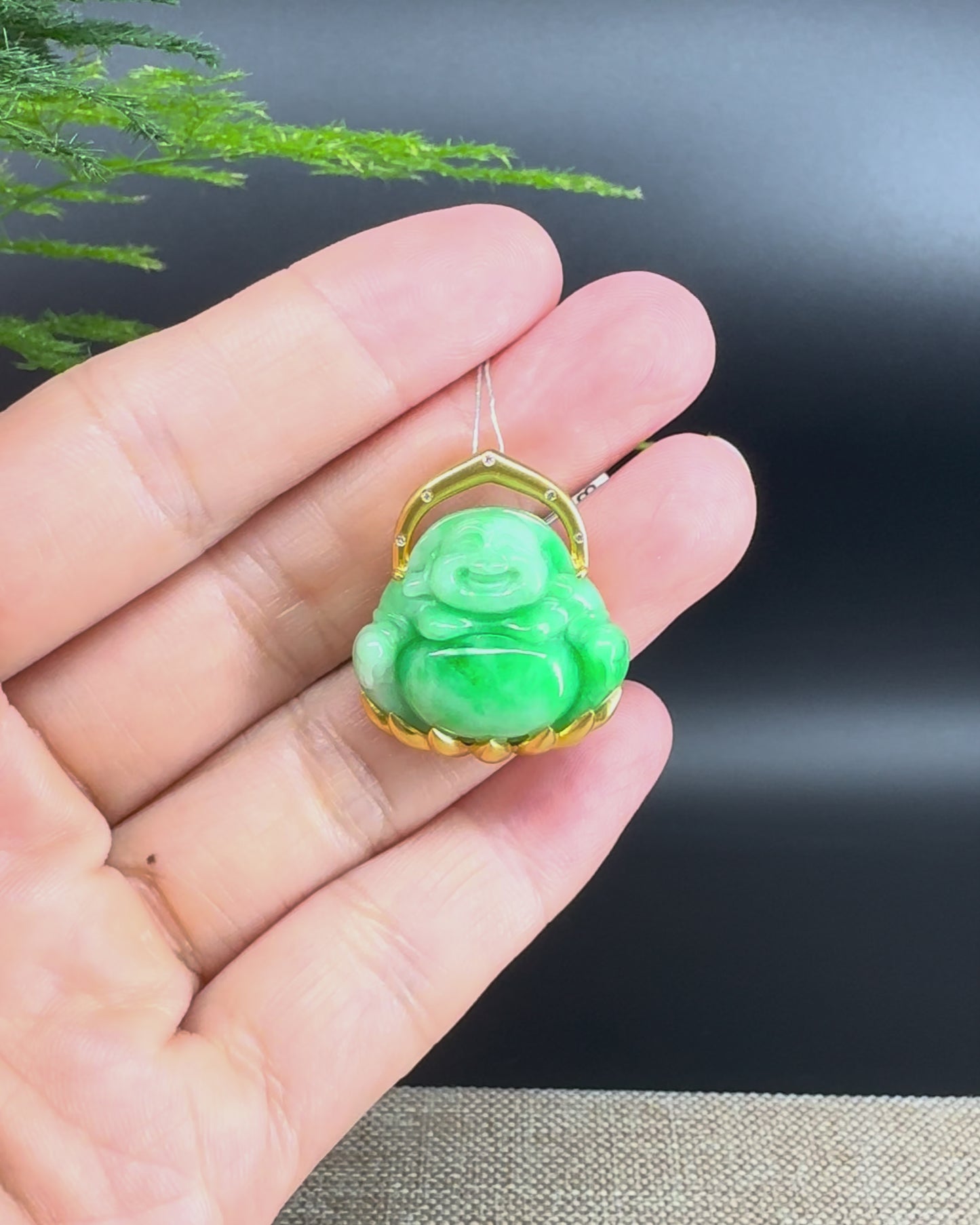 18K Yellow Gold Burmese Green Jadeite Jade Happy Buddha Pendant With Diamonds