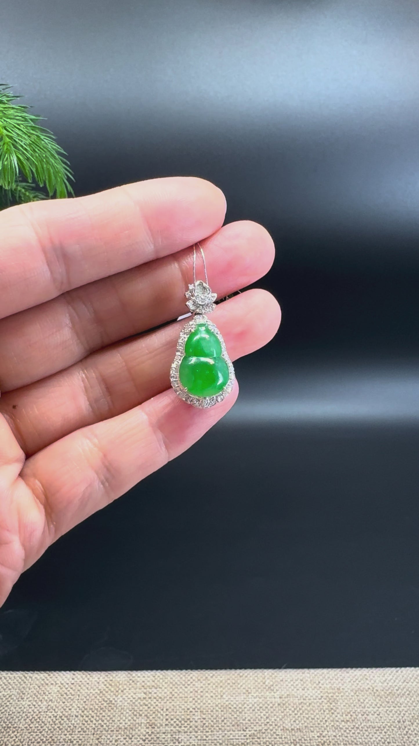 Load and play video in Gallery viewer, RealJade® Co. Genuine Green Jadeite Jade Good Luck Hulu Necklace With 18K White Gold Diamonds Bail
