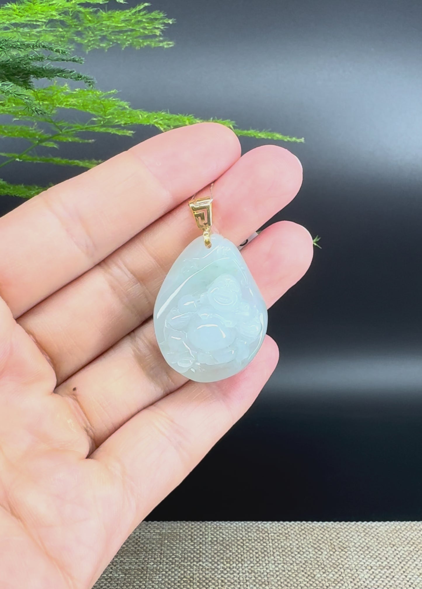 18K Yellow Gold Burmese Light Green Jadeite Jade Happy Buddha Pendant