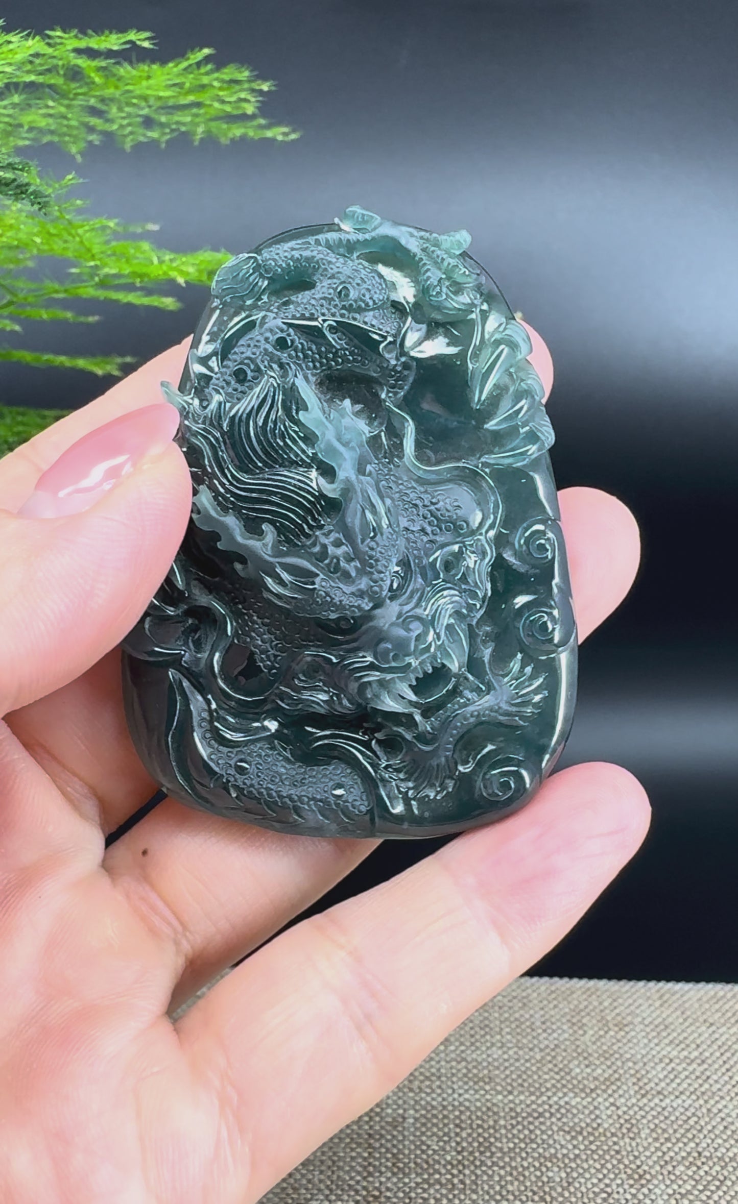 RealJade® Co. High Natural Guatemalan Blue  Jade Dragon Pendant