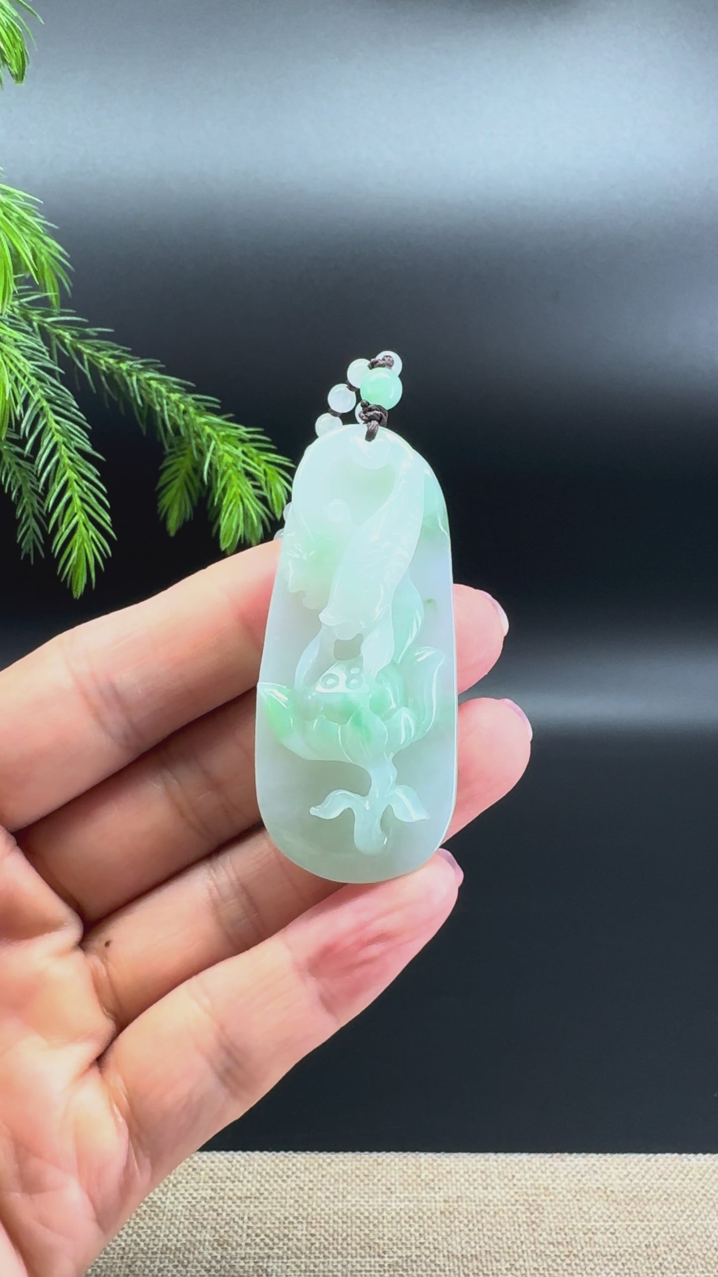 Load and play video in Gallery viewer, RealJade® Co.  Genuine Burmese Jadeite Jade  Fish and Lotus Pendant Necklace
