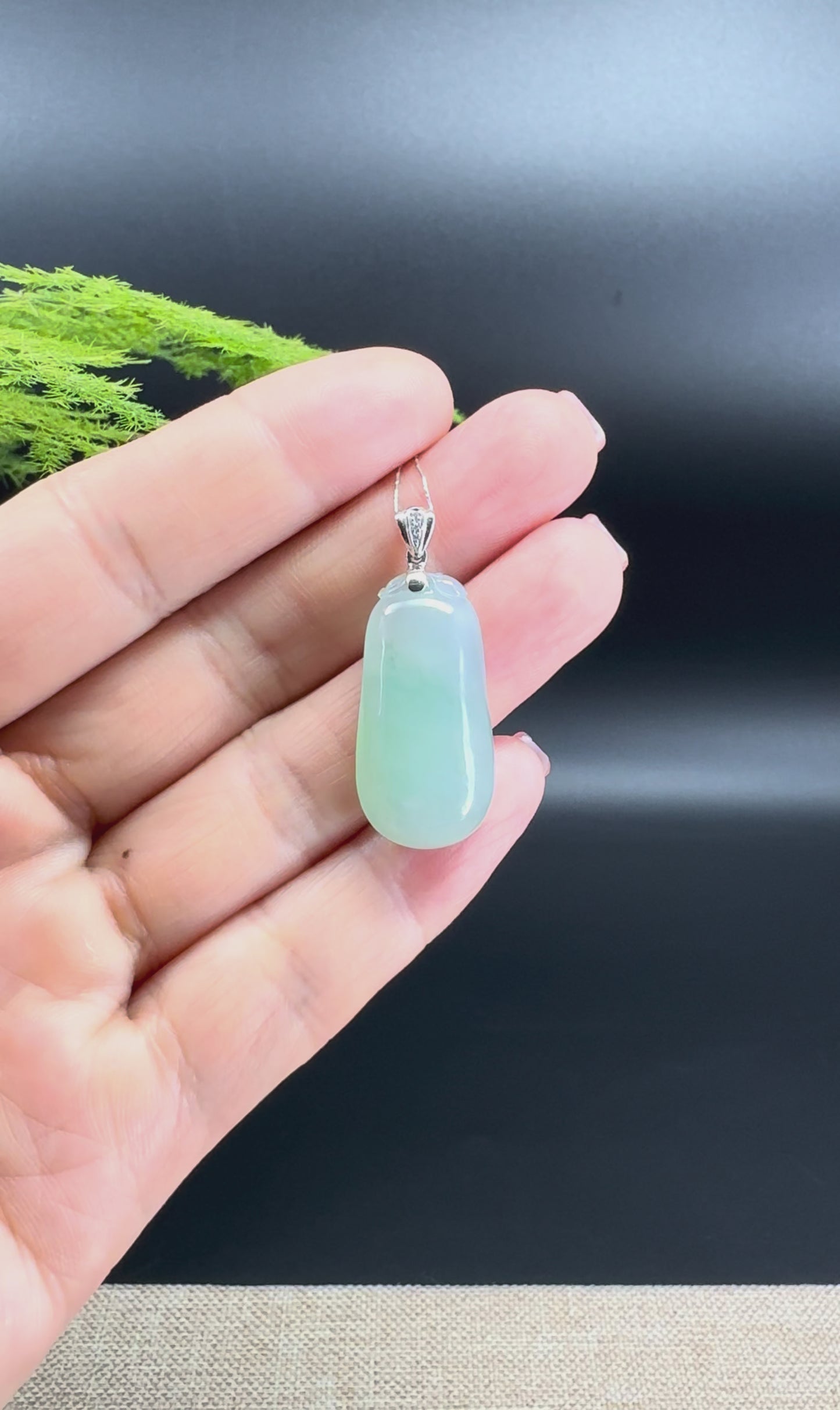 Load and play video in Gallery viewer, &amp;quot;Good Luck Button&amp;quot; Icy Green Jadeite Jade Shou Tao Pendant With 18K White Gold Bail
