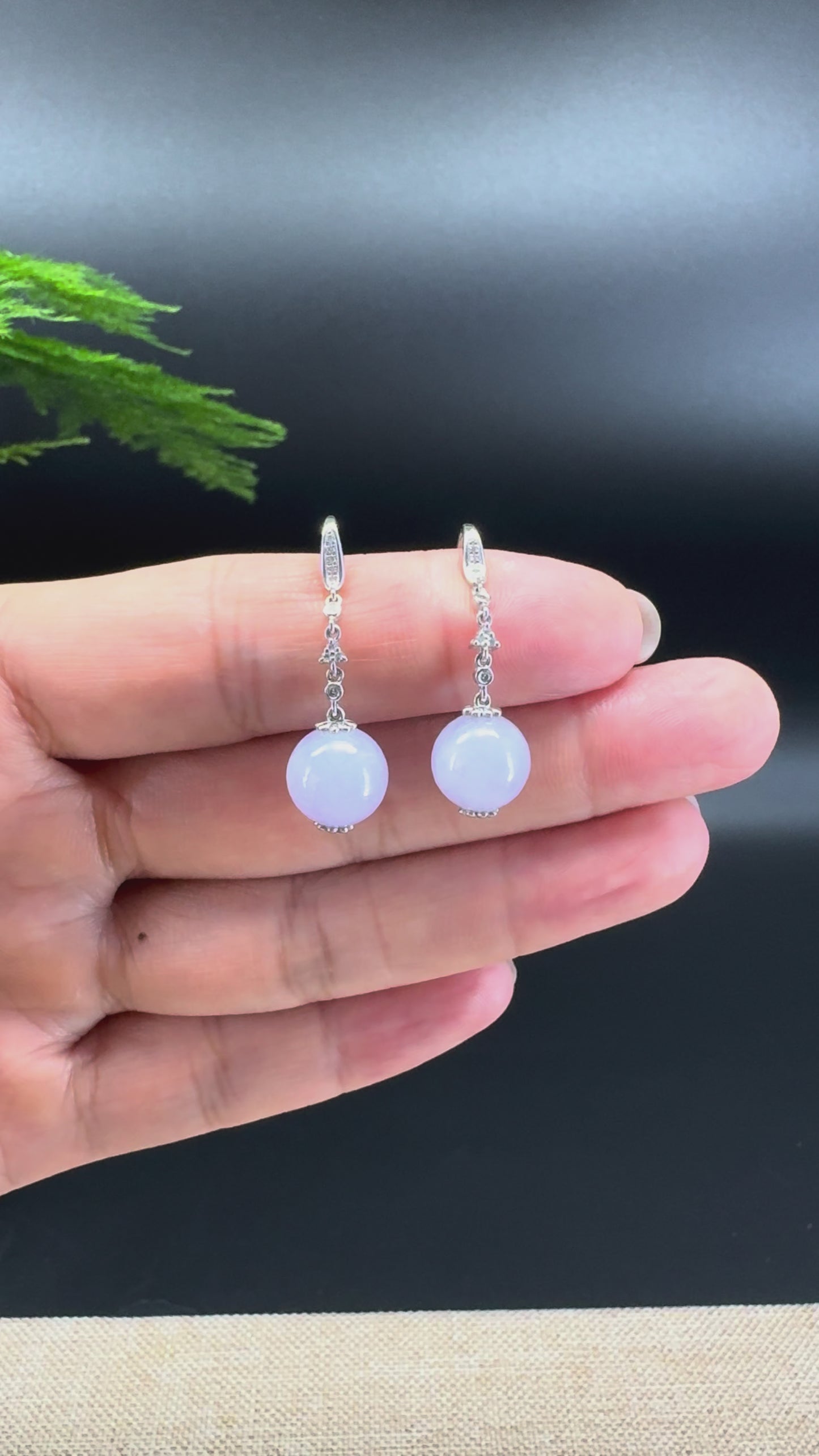 Load and play video in Gallery viewer, 18k White Gold Genuine Lavender Bead Jadeite Jade Diamonds Earrings
