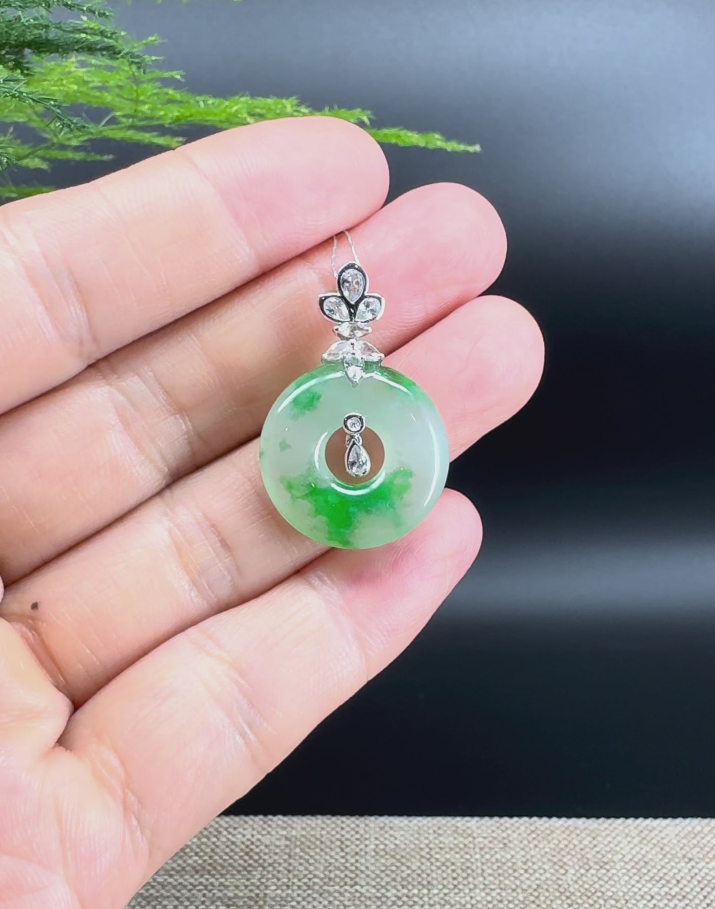 "Good Luck Button" Icy Green Jadeite Jade Lucky KouKou Pendant With 18K White Gold Diamond Bail
