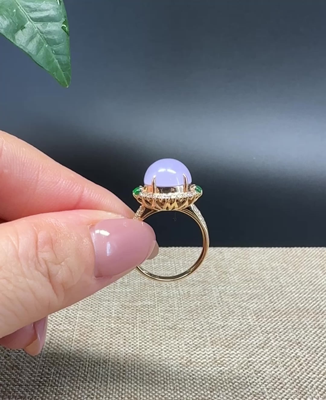 Load and play video in Gallery viewer, RealJade® &amp;quot;Amelie&amp;quot; 18k Yellow Gold Natural Lavender Jadeite Engagement Ring With Diamonds
