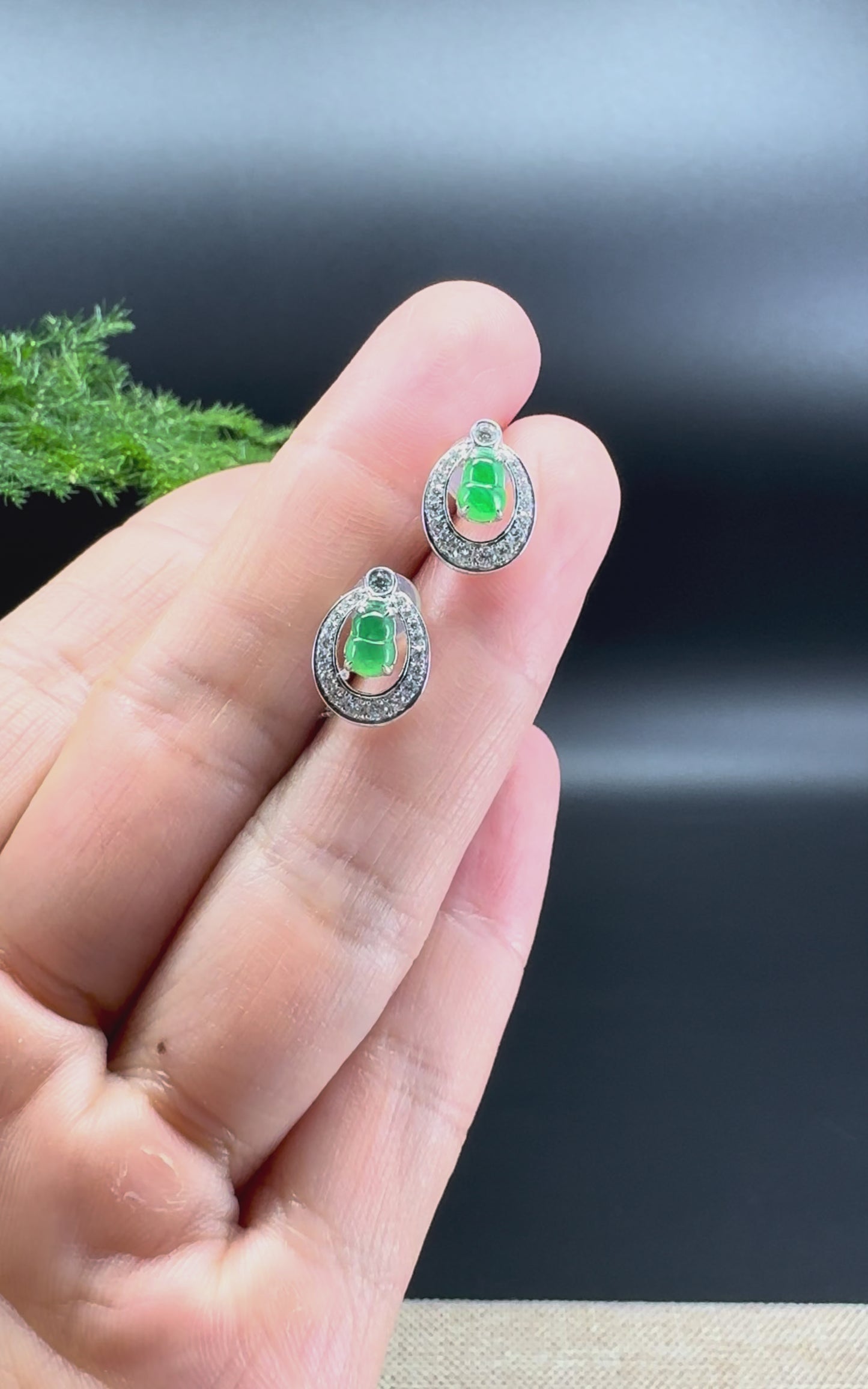 Load and play video in Gallery viewer, RealJade® 18k White Gold Real Imperial Green Jadeite Jade Hulu Stud Earrings with Diamonds
