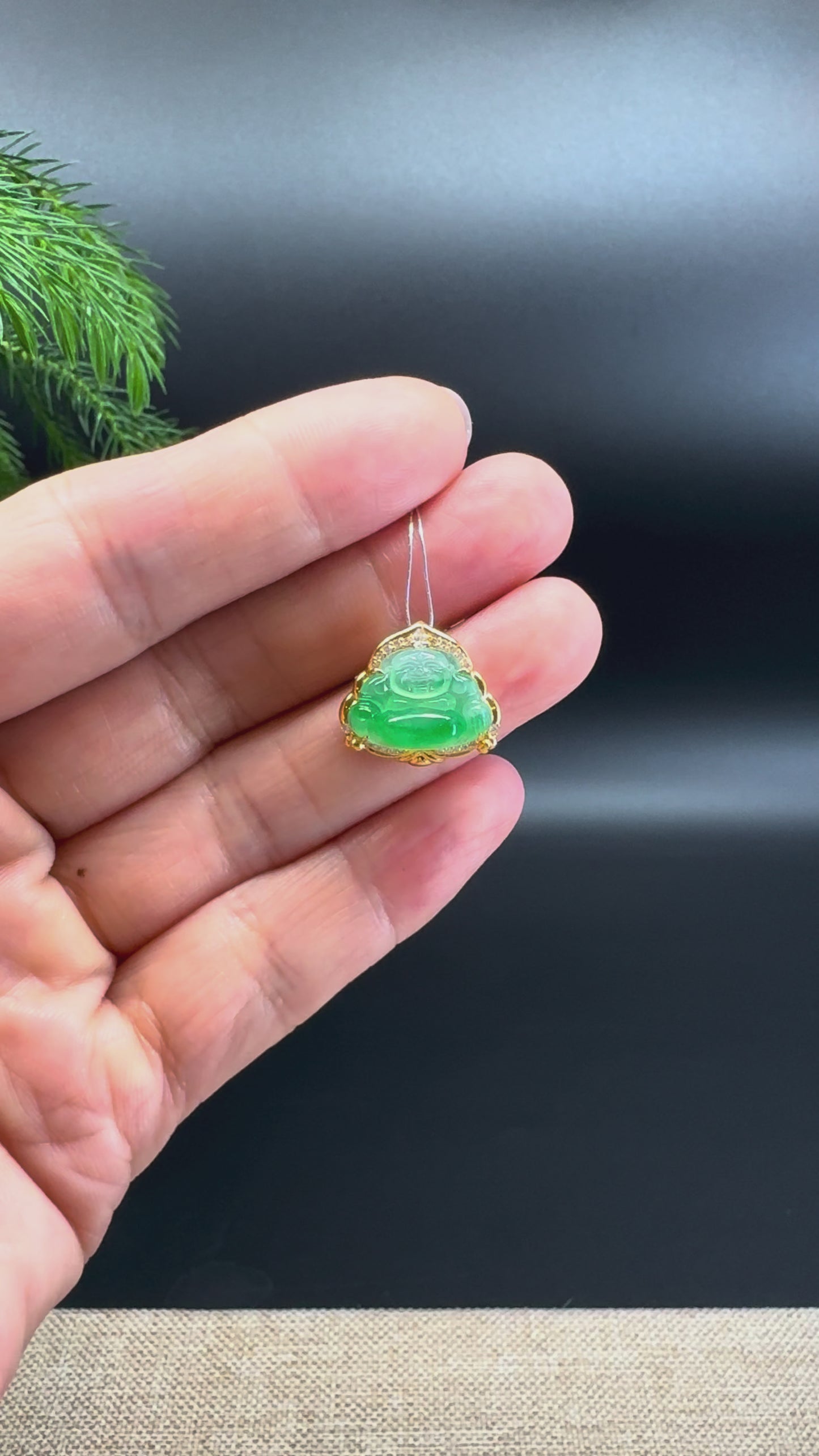 Load and play video in Gallery viewer, 18K Yellow Gold Burmese Icy Green Jadeite Jade Mini Happy Buddha Pendant
