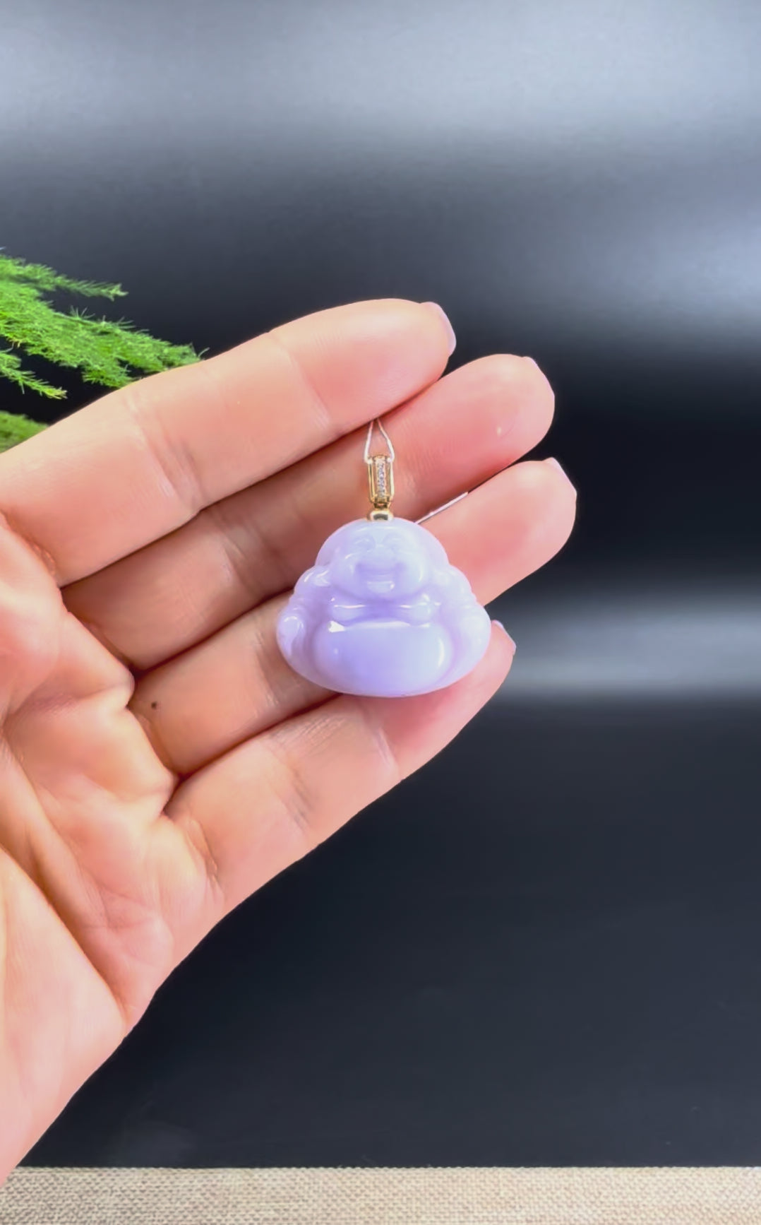 Load and play video in Gallery viewer, 14K Yellow Gold Natural Burmese Lavender Jadeite Jade Happy Buddha Pendant with Gold Diamond Bail
