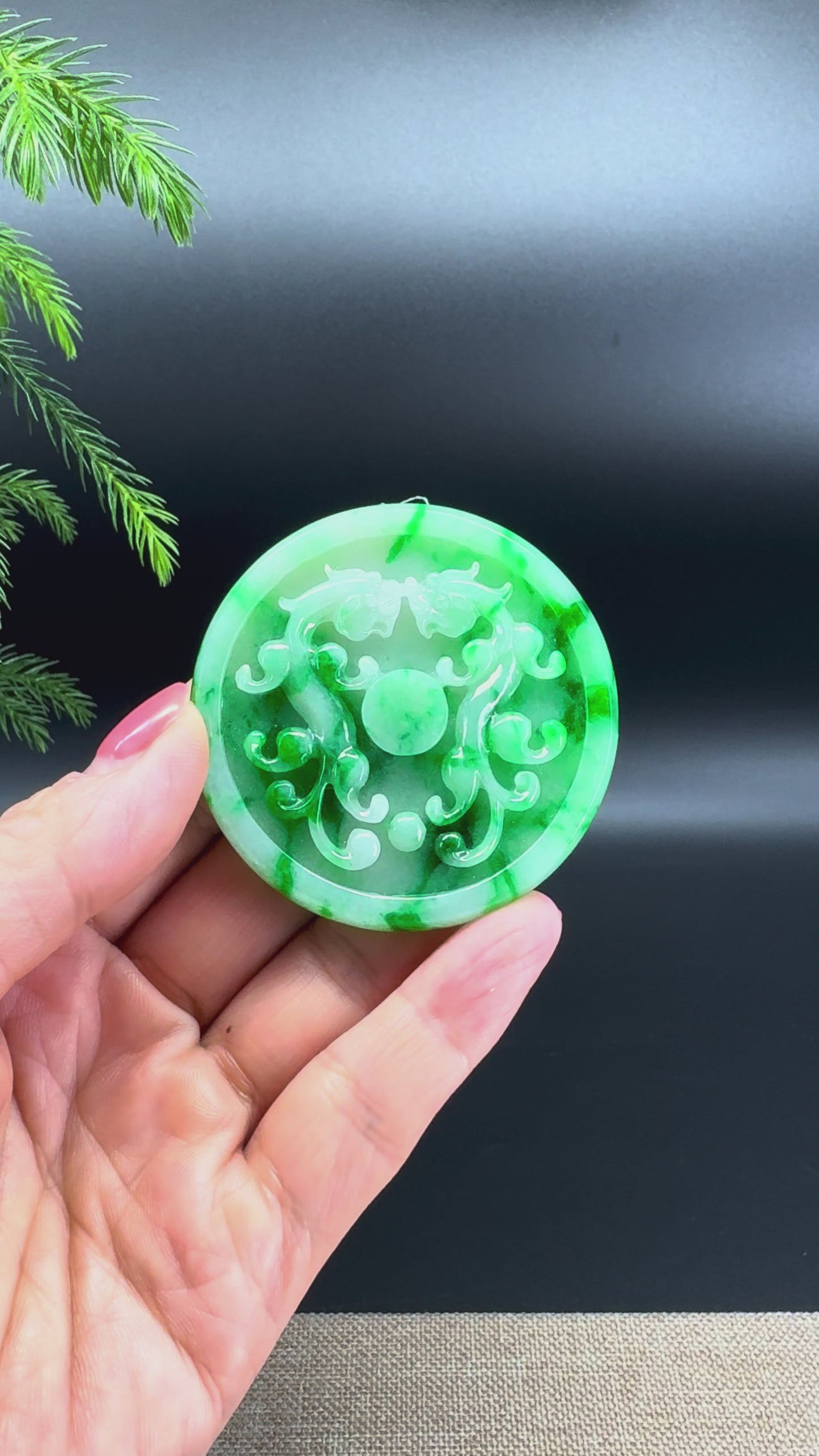 RealJade® Co. High Natural Spicy Green Jadeite Jade Double Dragon Round Pendant