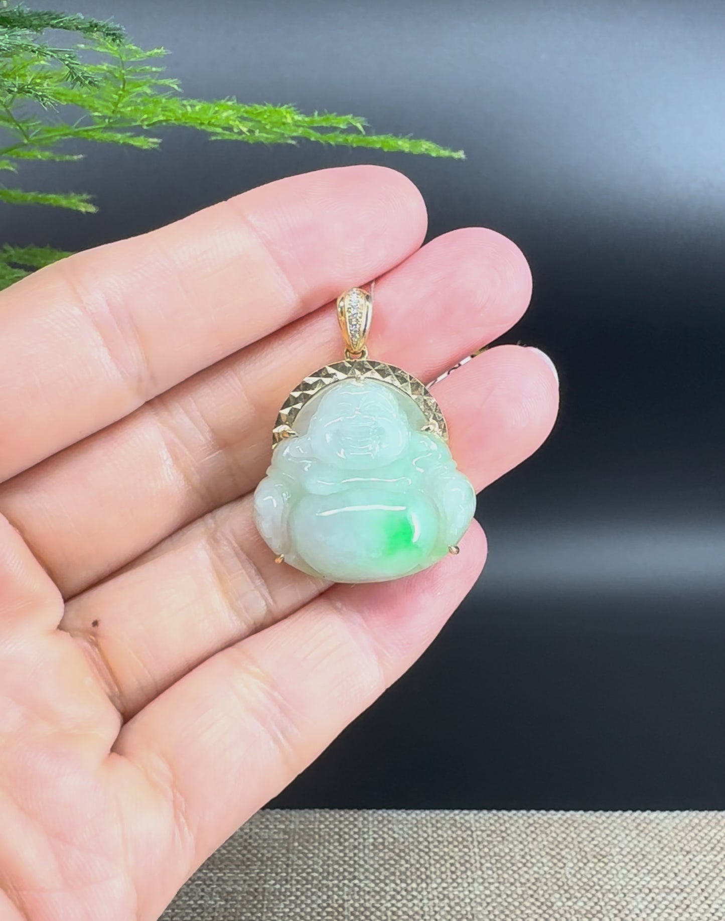 Load and play video in Gallery viewer, 14K Yellow Gold Burmese Green Jadeite Jade Happy Buddha Pendant
