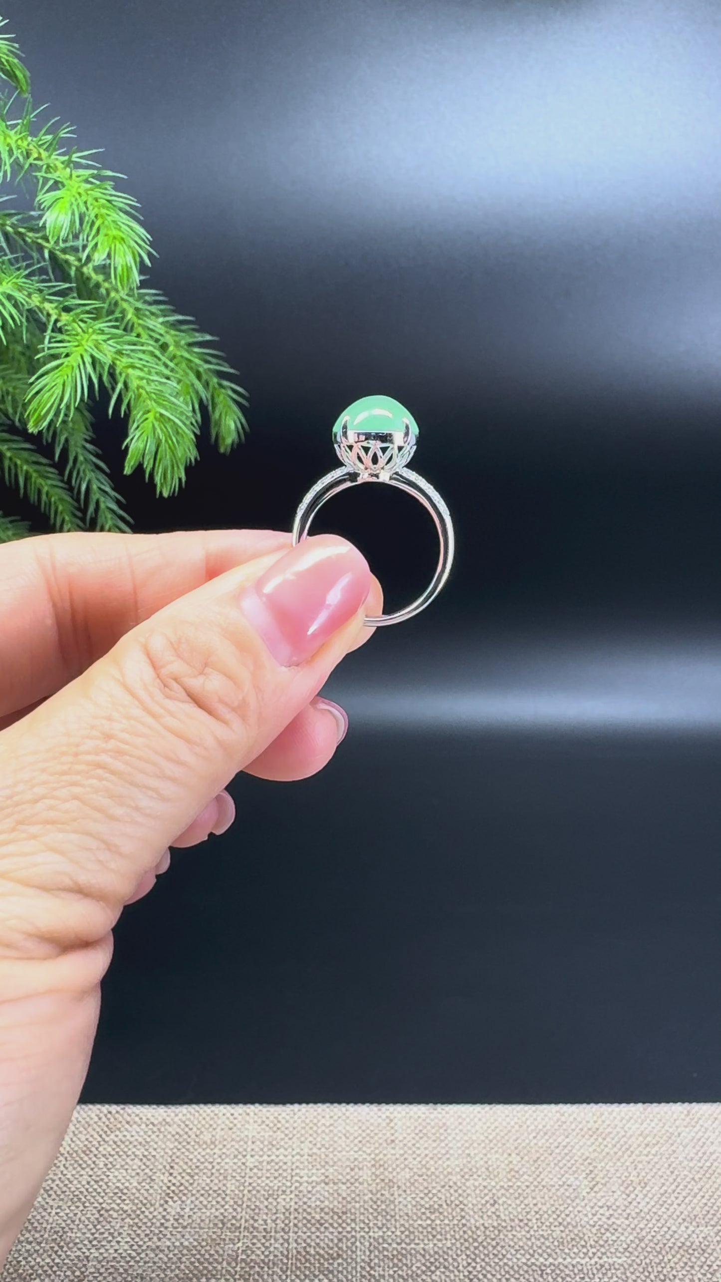 RealJade® Co. 18k White Gold Natural Icy Green Jadeite Jade Engagement Ring With Diamonds