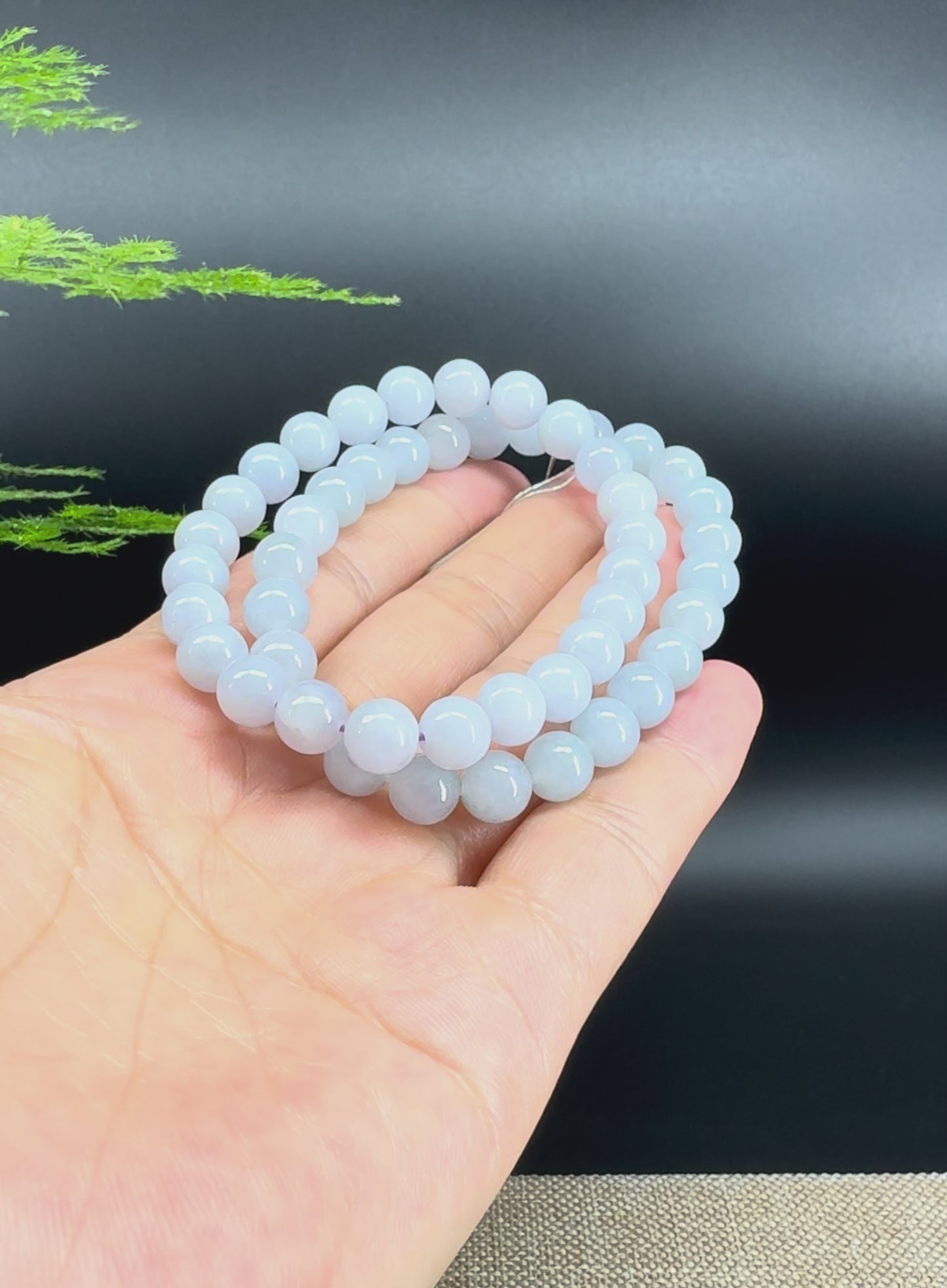 Load and play video in Gallery viewer, RealJade® Co. Genuine Jadeite Jade Round Light Lavender Beads Bracelet (7.5mm)
