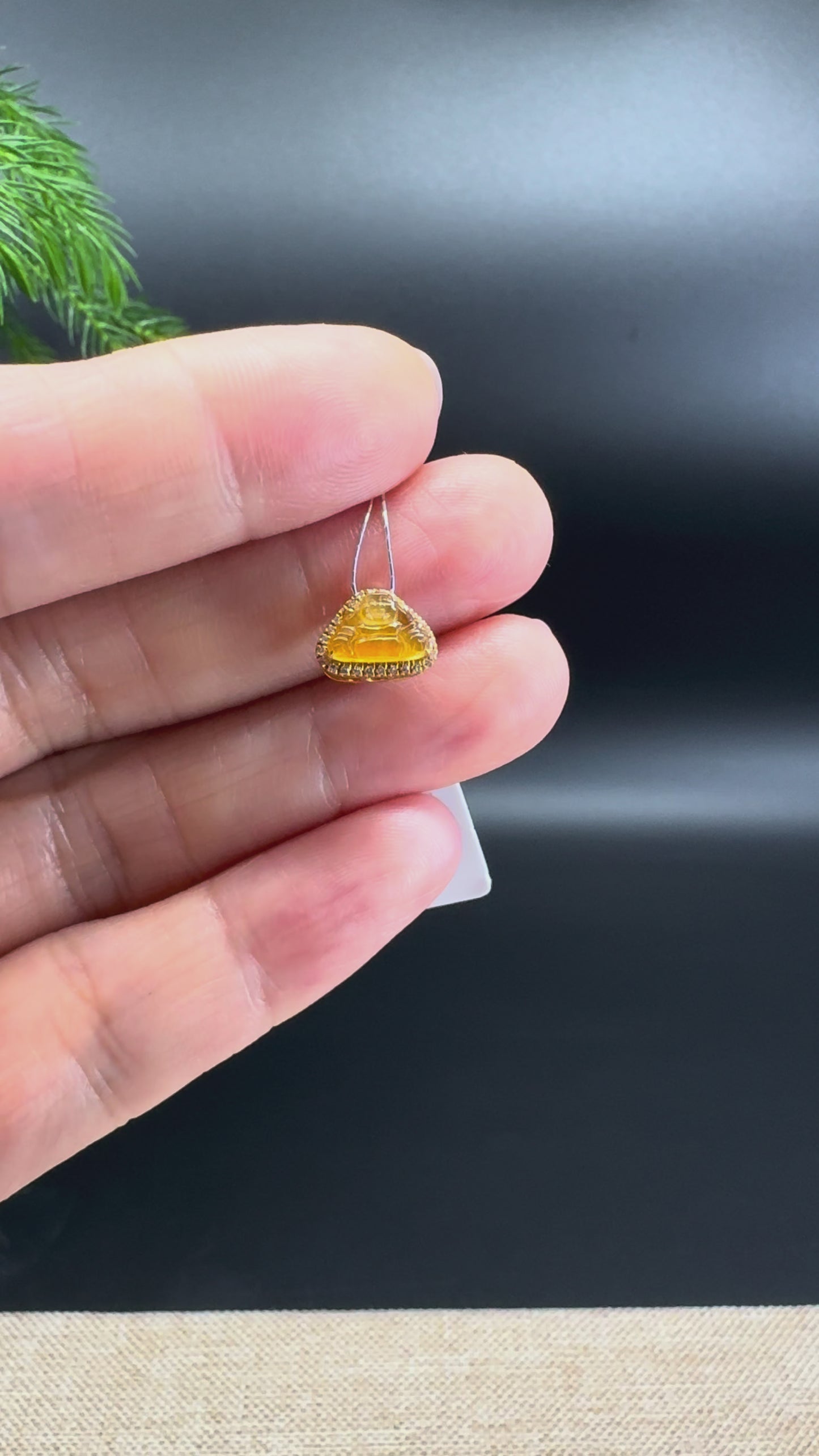 Load and play video in Gallery viewer, 18K Yellow Gold Burmese Honey Yellow Jadeite Jade Mini Buddha Pendant With Diamonds
