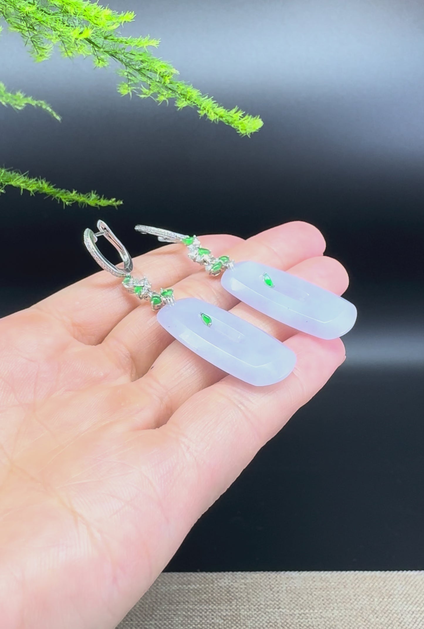 Load and play video in Gallery viewer, 18k White Gold Genuine Lavender KouKou Jadeite Jade Earrings With Diamonds
