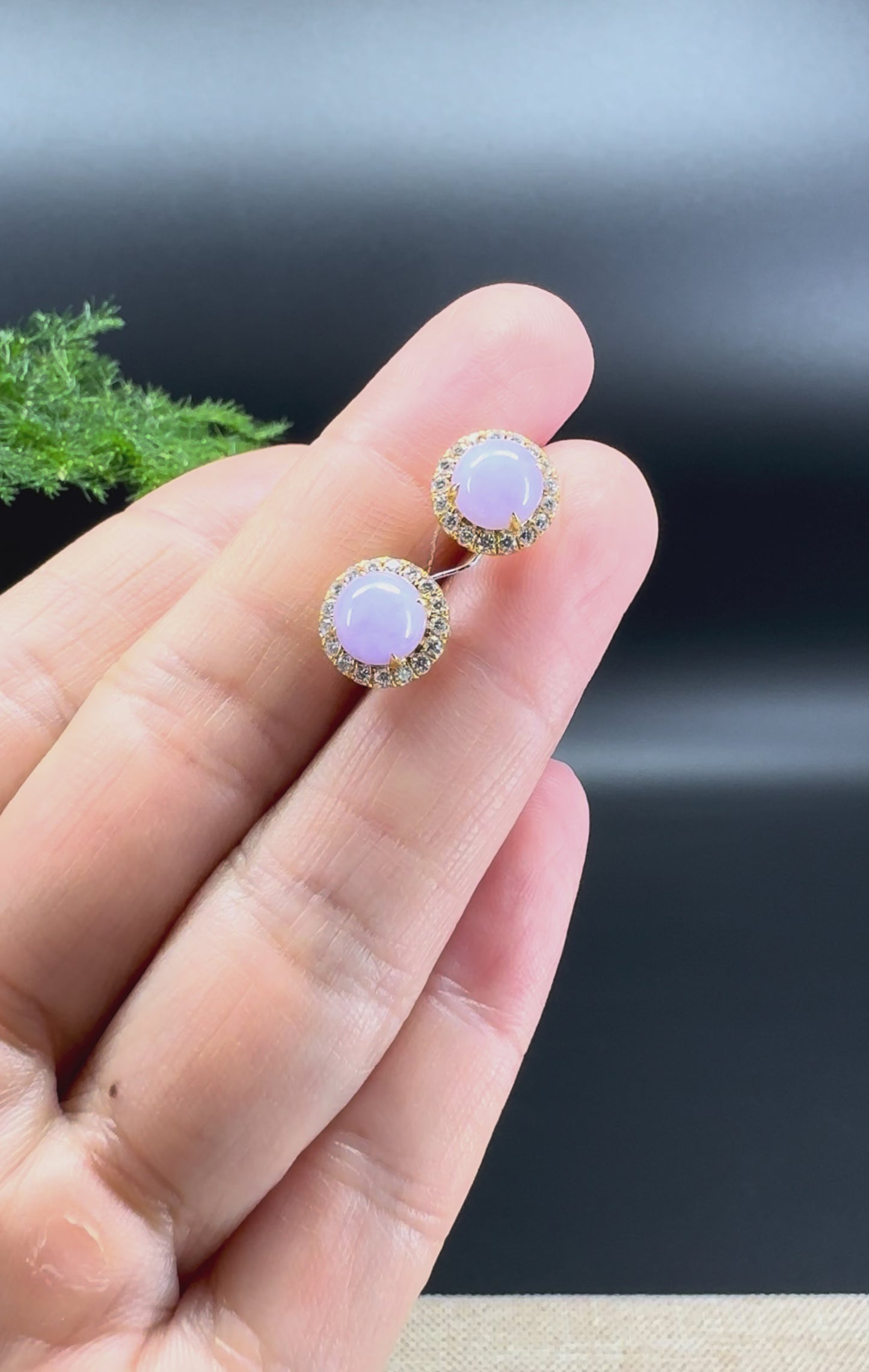 Load and play video in Gallery viewer, RealJade® 18k Yellow Gold Lavender Jadeite Jade Round Stud Earrings With Diamonds
