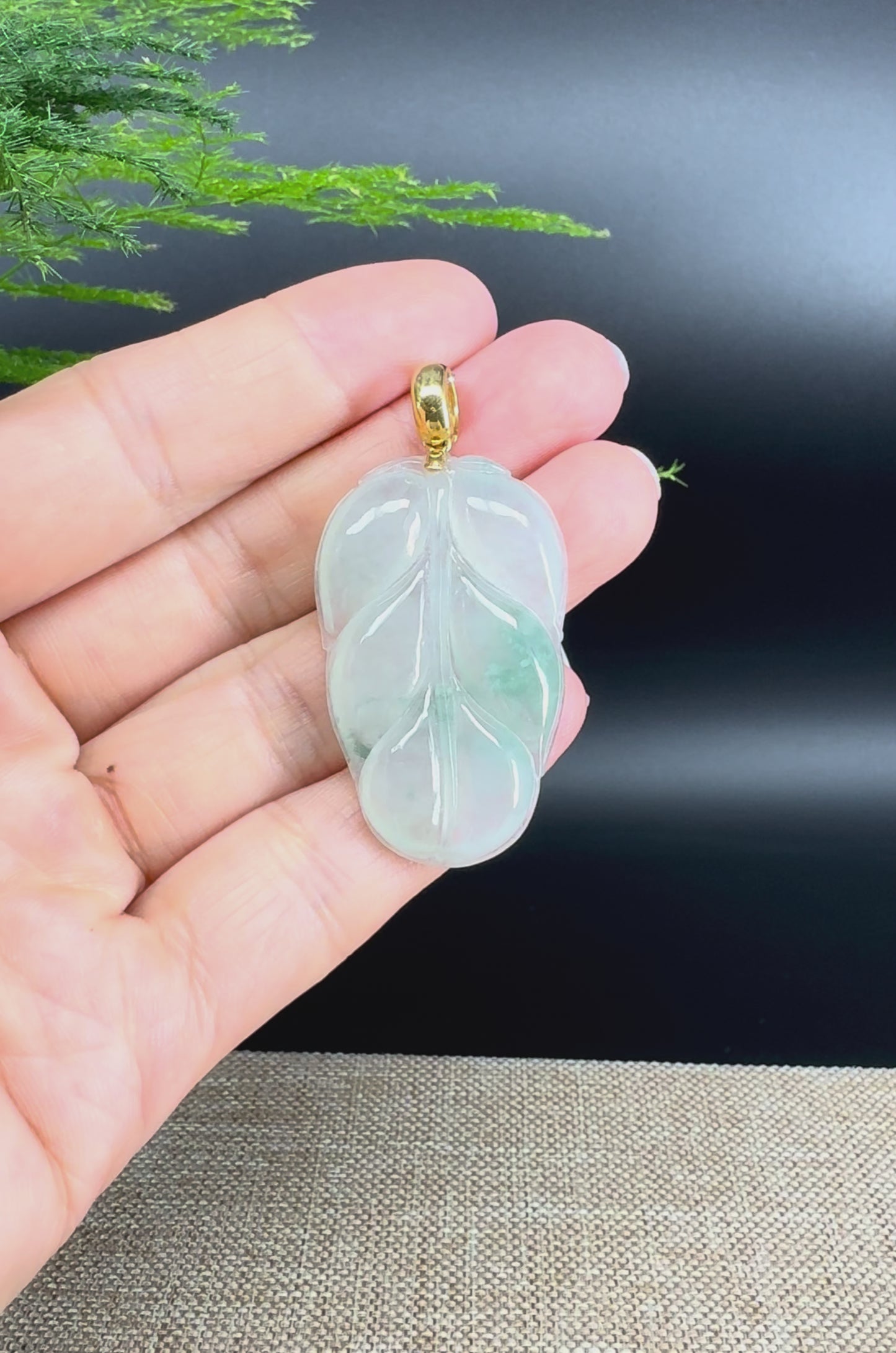 RealJade® Co. Genuine Ice Green Jadeite Jade Jin Zhi Yu Ye (Leaf) Necklace With 18K Yellow Gold Bail