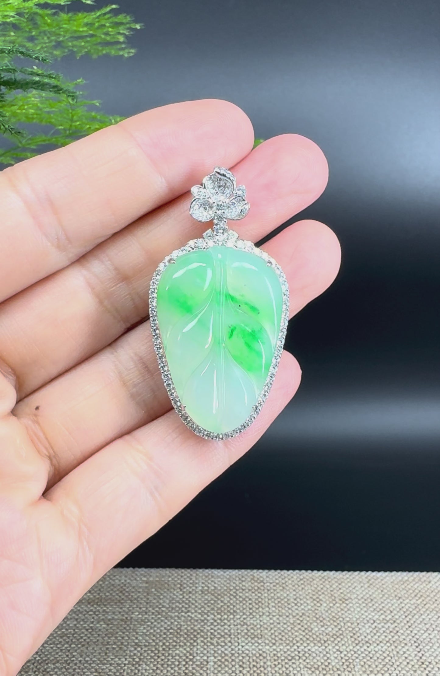 High end genuine Ice Green Jadeite Jade Jin Zhi Yu Ye (Leaf) Necklace With Diamond Bail