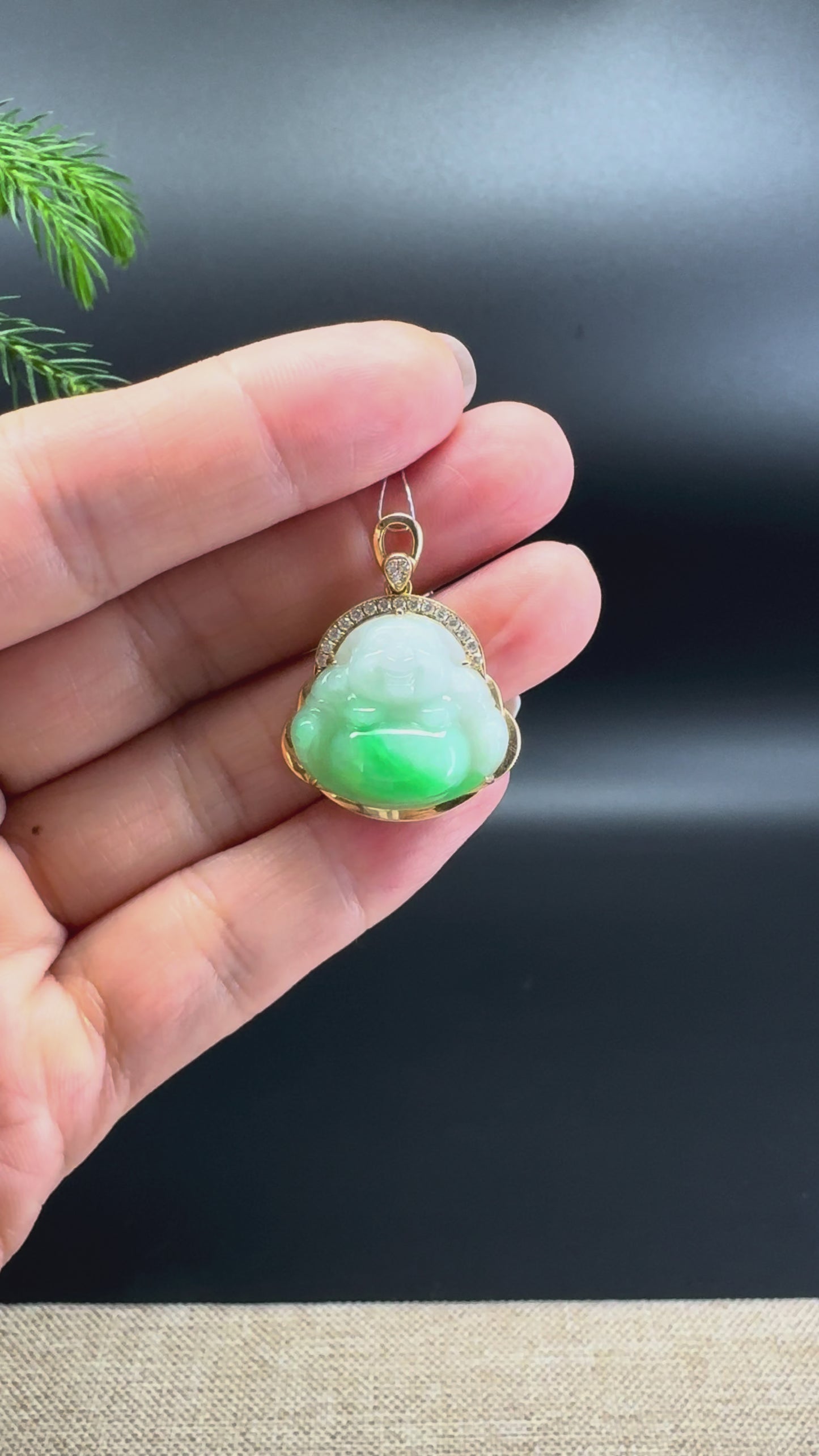 14K Yellow Gold Burmese White Green Jadeite Jade Happy Buddha Pendant with Diamond