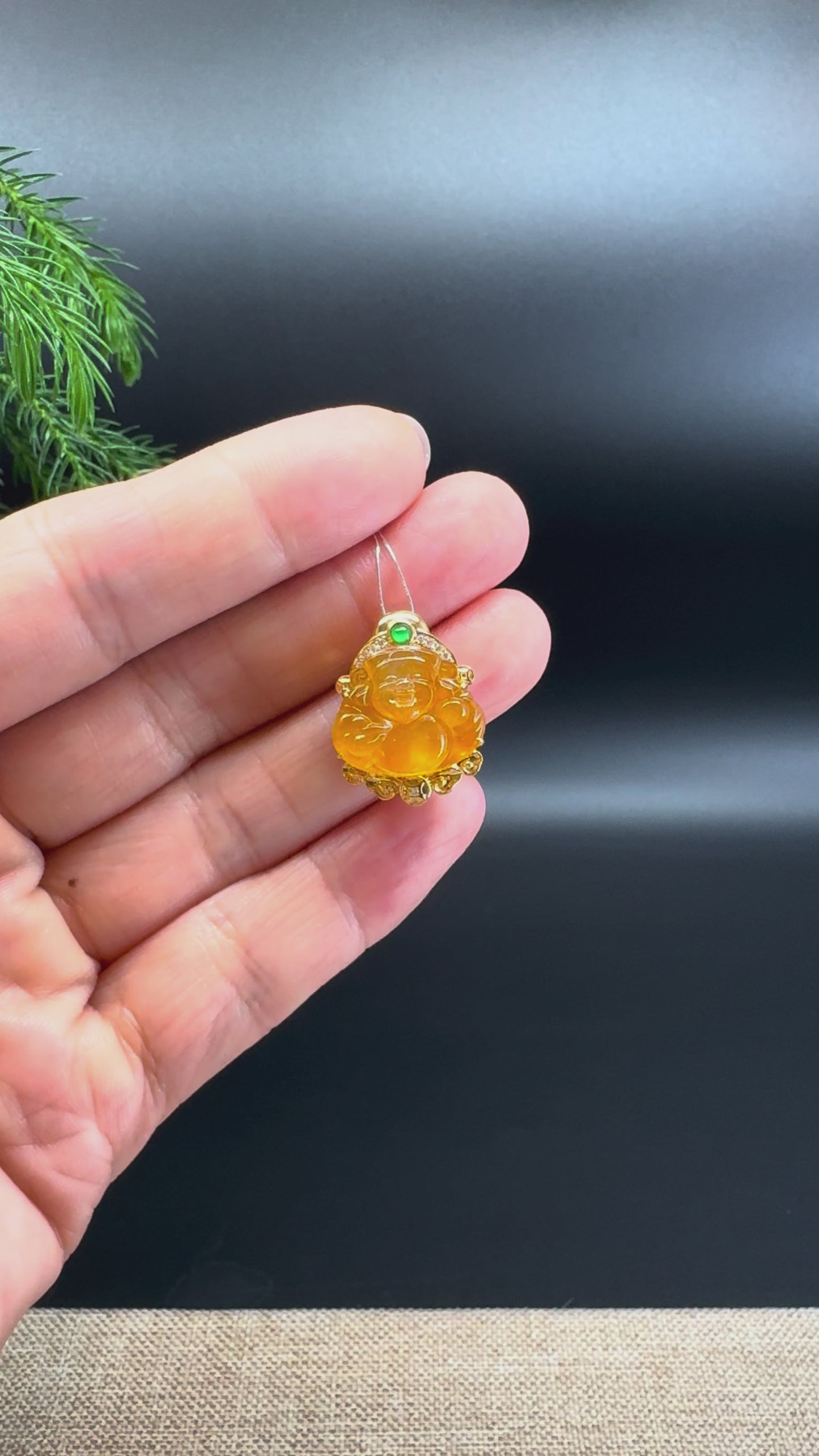 Load and play video in Gallery viewer, Burmese Honey Yellow Jadeite Jade Mini Money Saint Pendant With 18K Yellow Gold Diamonds Bail
