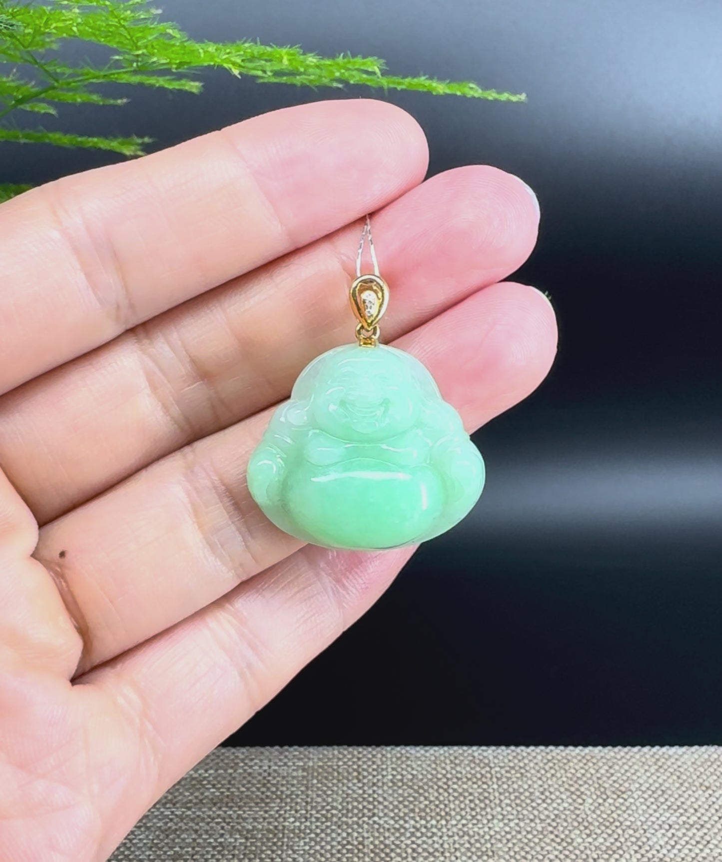 18K Yellow Gold Burmese Sweet Green Jadeite Jade Happy Buddha Pendant