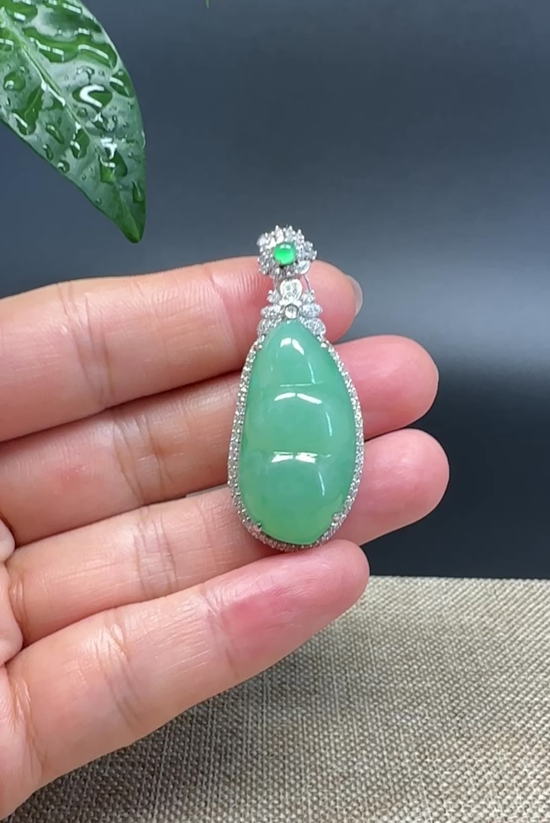 RealJade® Co. Genuine Burmese Green Jadeite Jade Fu Dou Pendant with 18k Rose Gold Diamond Bail