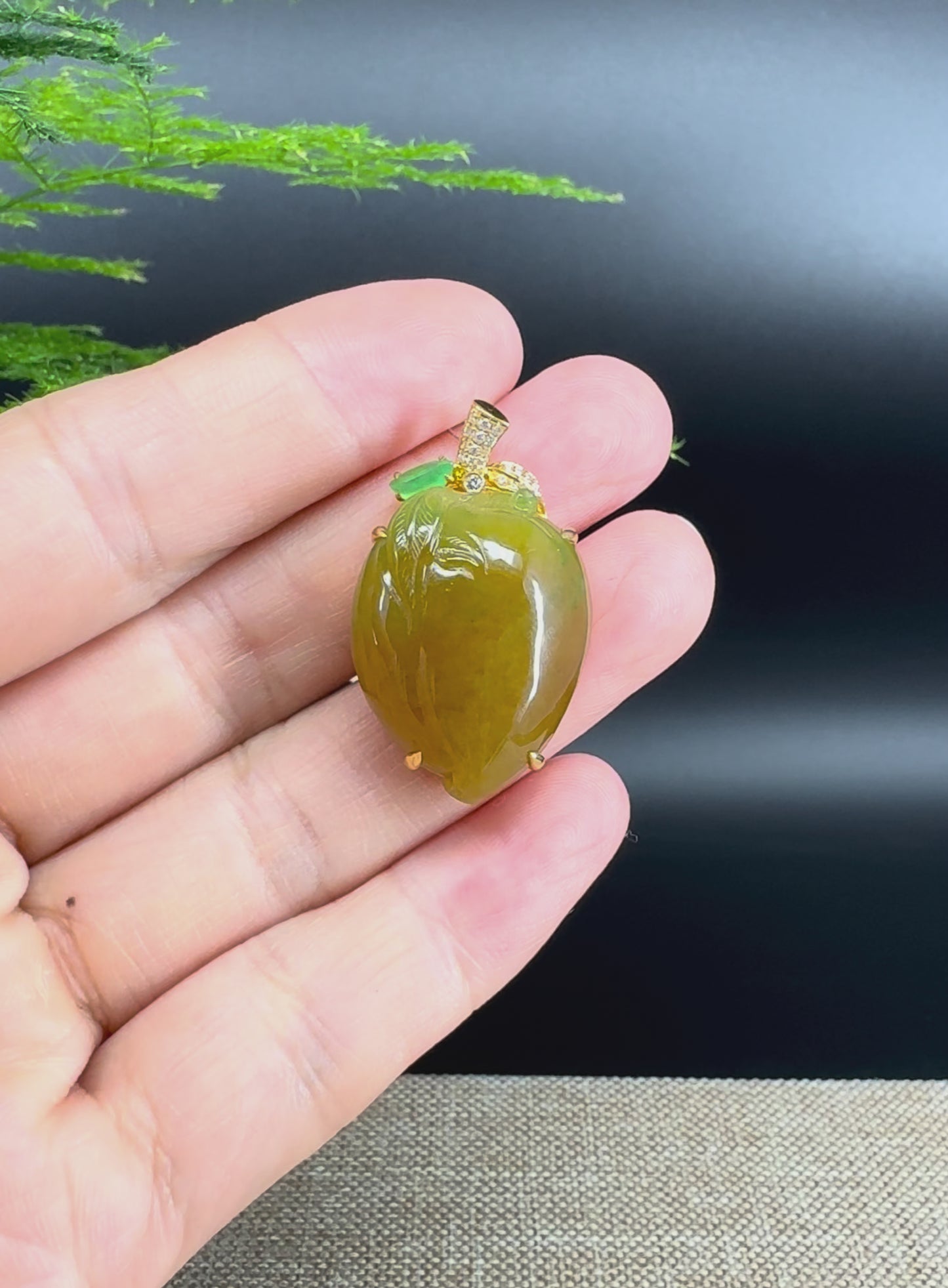 RealJade® Co. 18K Yellow Gold Genuine Burmese Yellow Green Jadeite Jade Shou Tao Pendant with Diamond