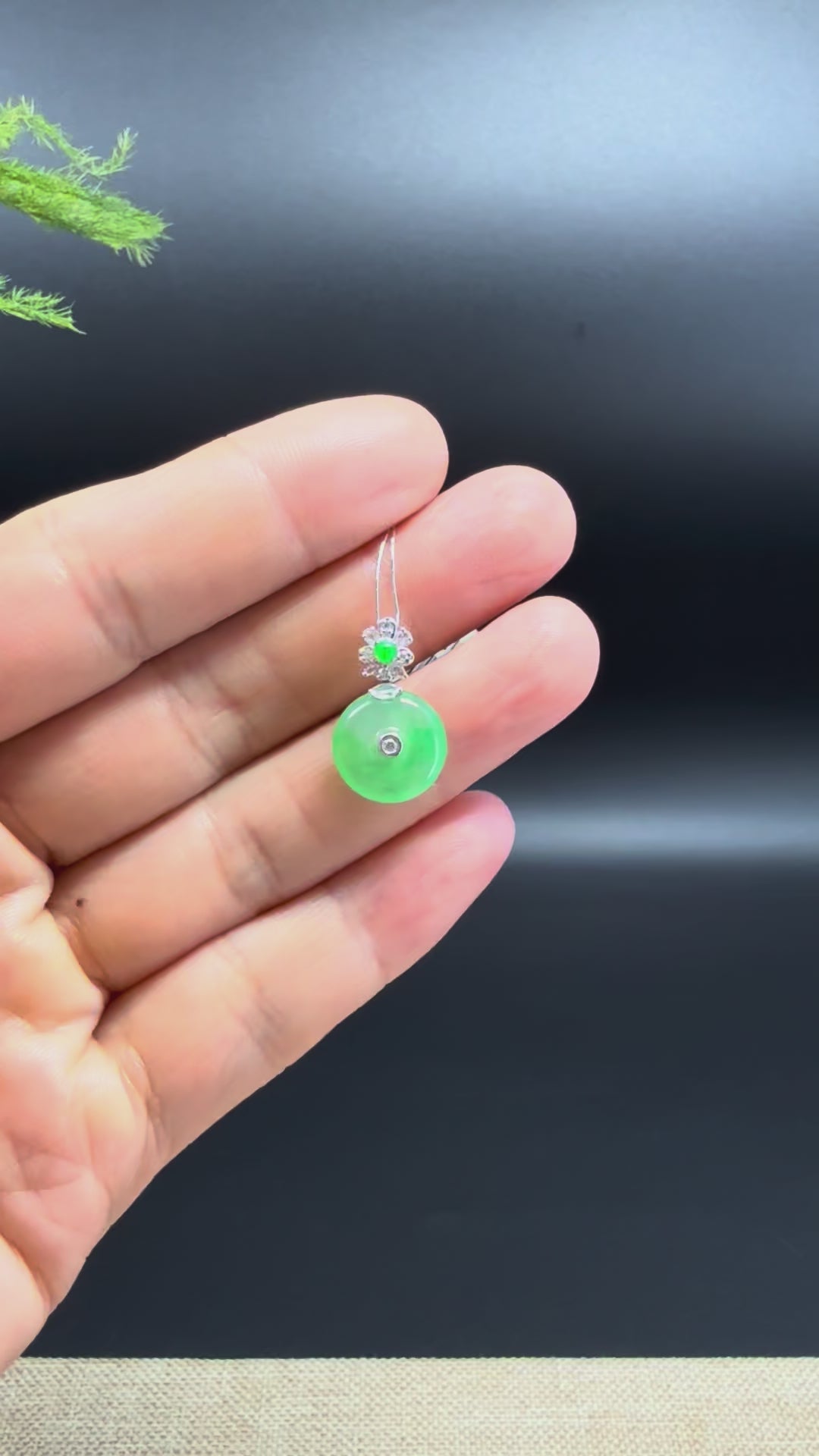 Load and play video in Gallery viewer, &amp;quot;Good Luck Button&amp;quot; Green Jadeite Jade Lucky KouKou Pendant With 18K White Gold Bail
