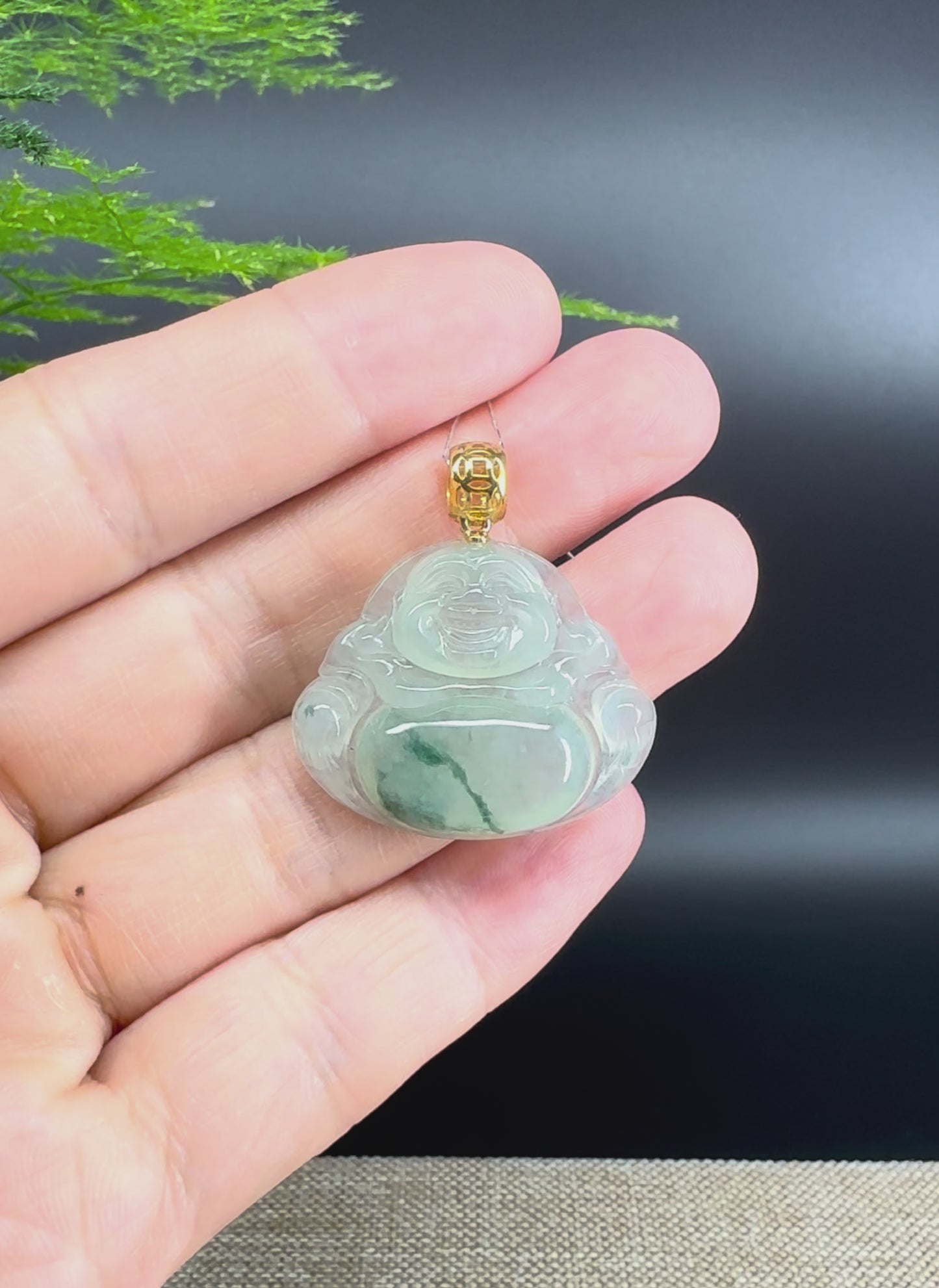 18K Yellow Gold Burmese Icy Blue Flower Jadeite Jade Happy Buddha Pendant