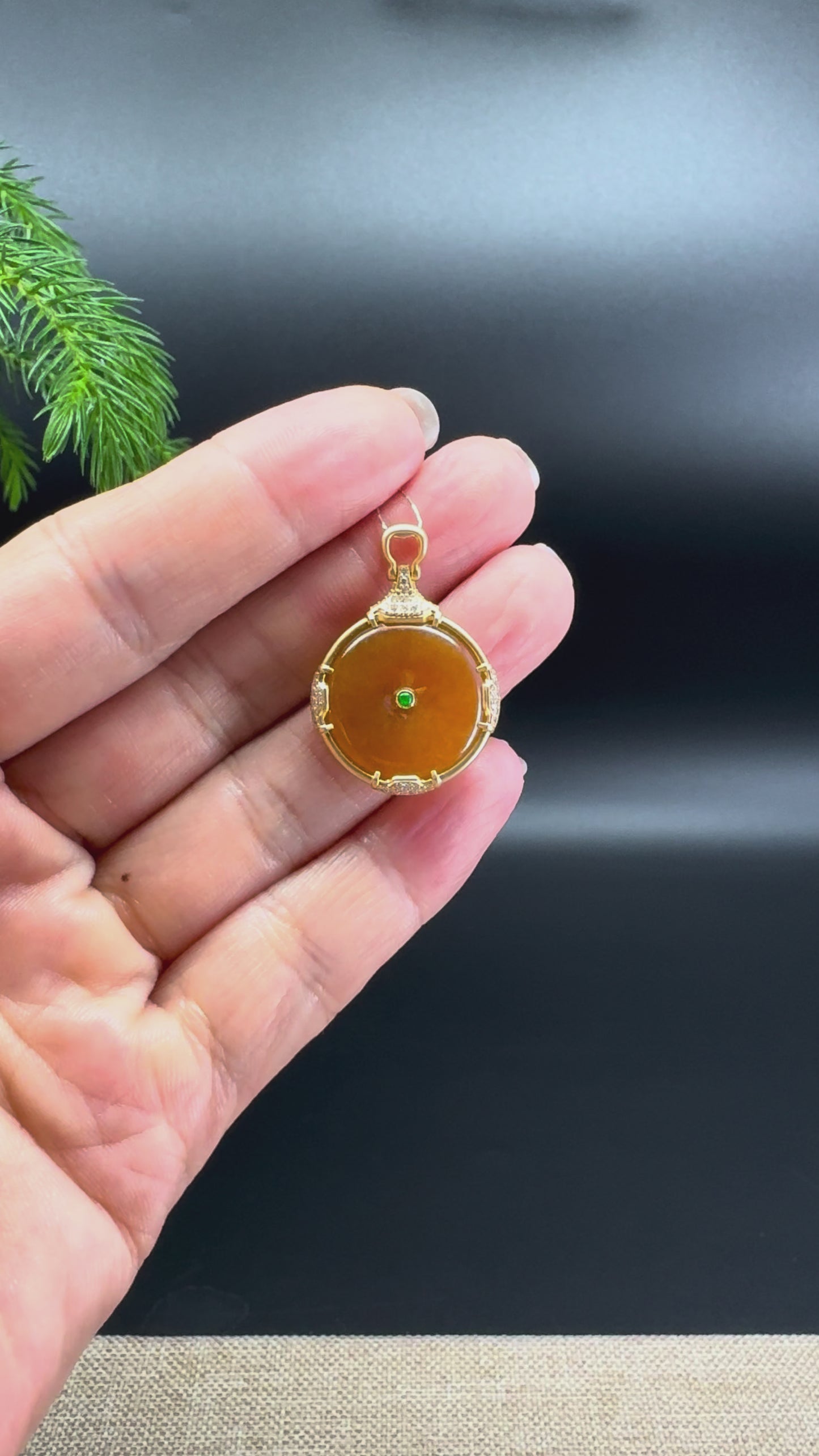 Load and play video in Gallery viewer, &amp;quot;Good Luck Button&amp;quot; Honey Yellow Jadeite Jade Lucky KouKou Pendant With 18K Yellow Gold Bail
