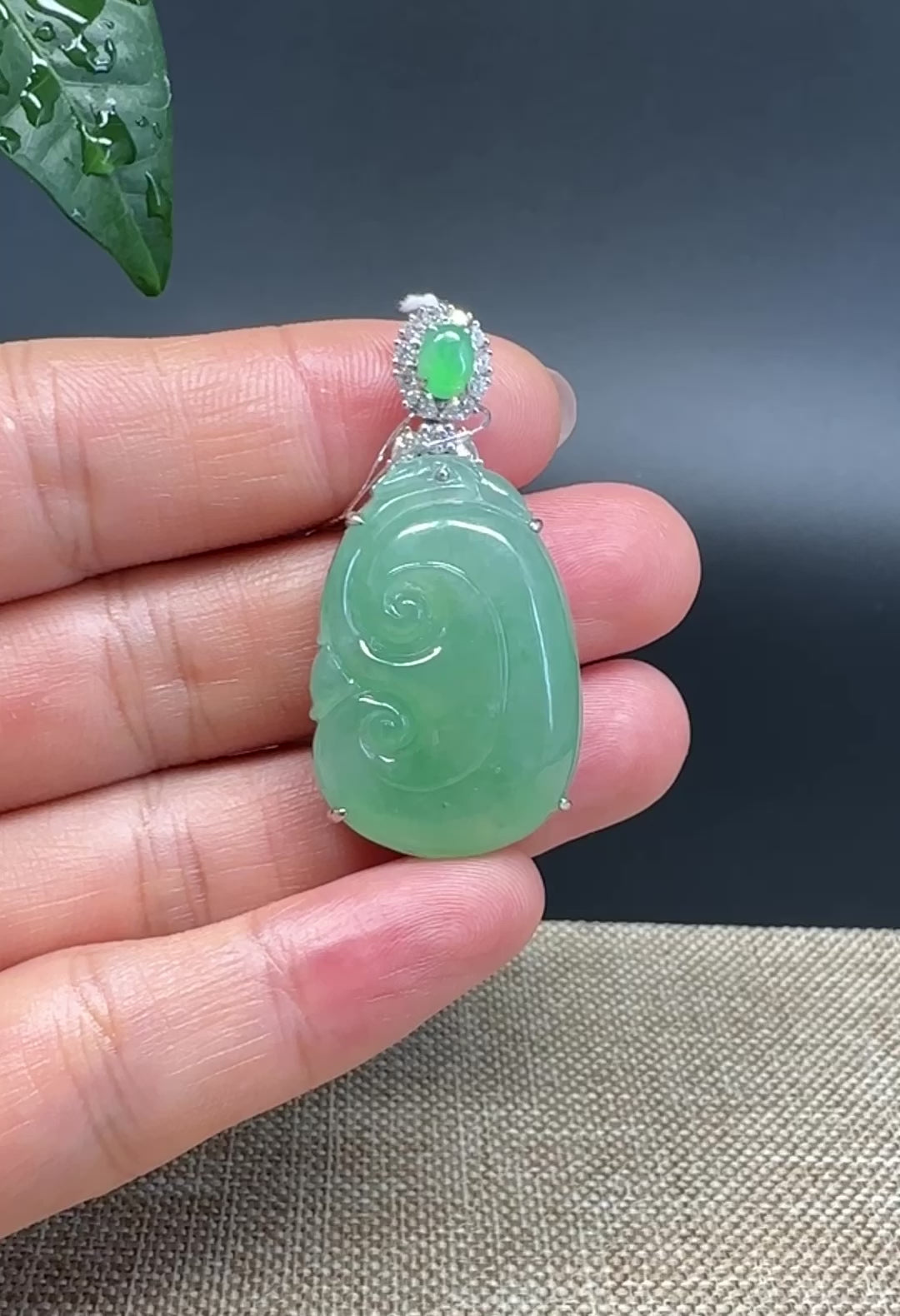 RealJade® Co. Genuine Burmese High Green Jadeite Jade Ru Yi Pendant with 18k Rose Gold Diamond Bail