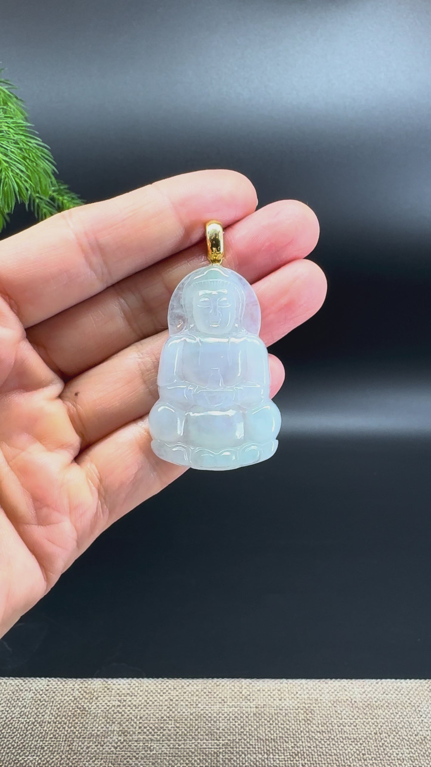18K Yellow Gold  Burnese Icy Green Jadeite Jade Guanyin Pendant