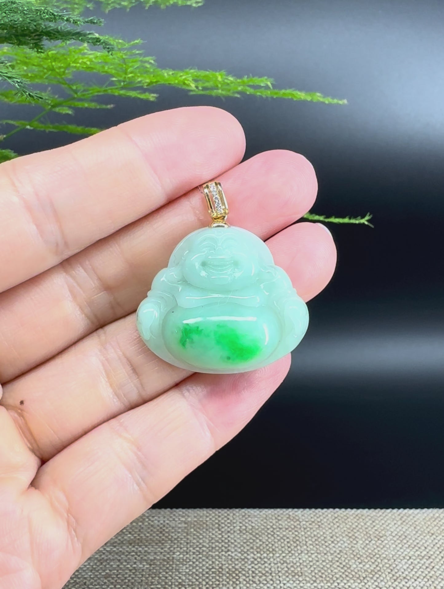 Load and play video in Gallery viewer, 14K Yellow Gold  Burmese Green Jadeite Jade Happy Buddha Pendant with Diamond Bail
