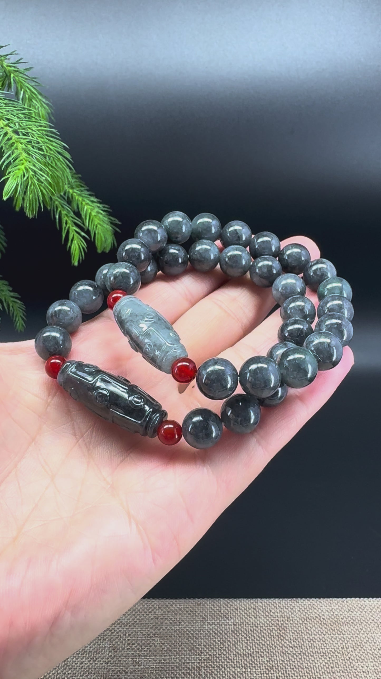 Load and play video in Gallery viewer, RealJade® Co. Genuine Jadeite Jade Round Wuji Dzi Beads Bracelet (10mm)
