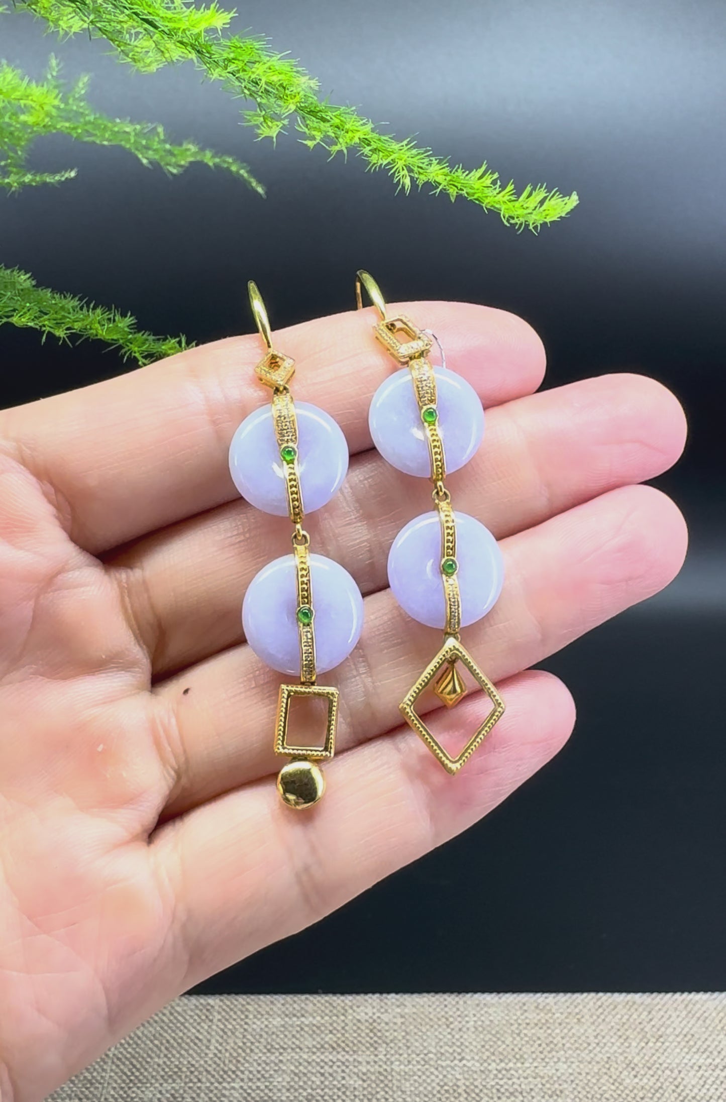 Load and play video in Gallery viewer, 18k Yellow Gold Genuine Lavender KouKou Jadeite Jade Earrings With Diamonds
