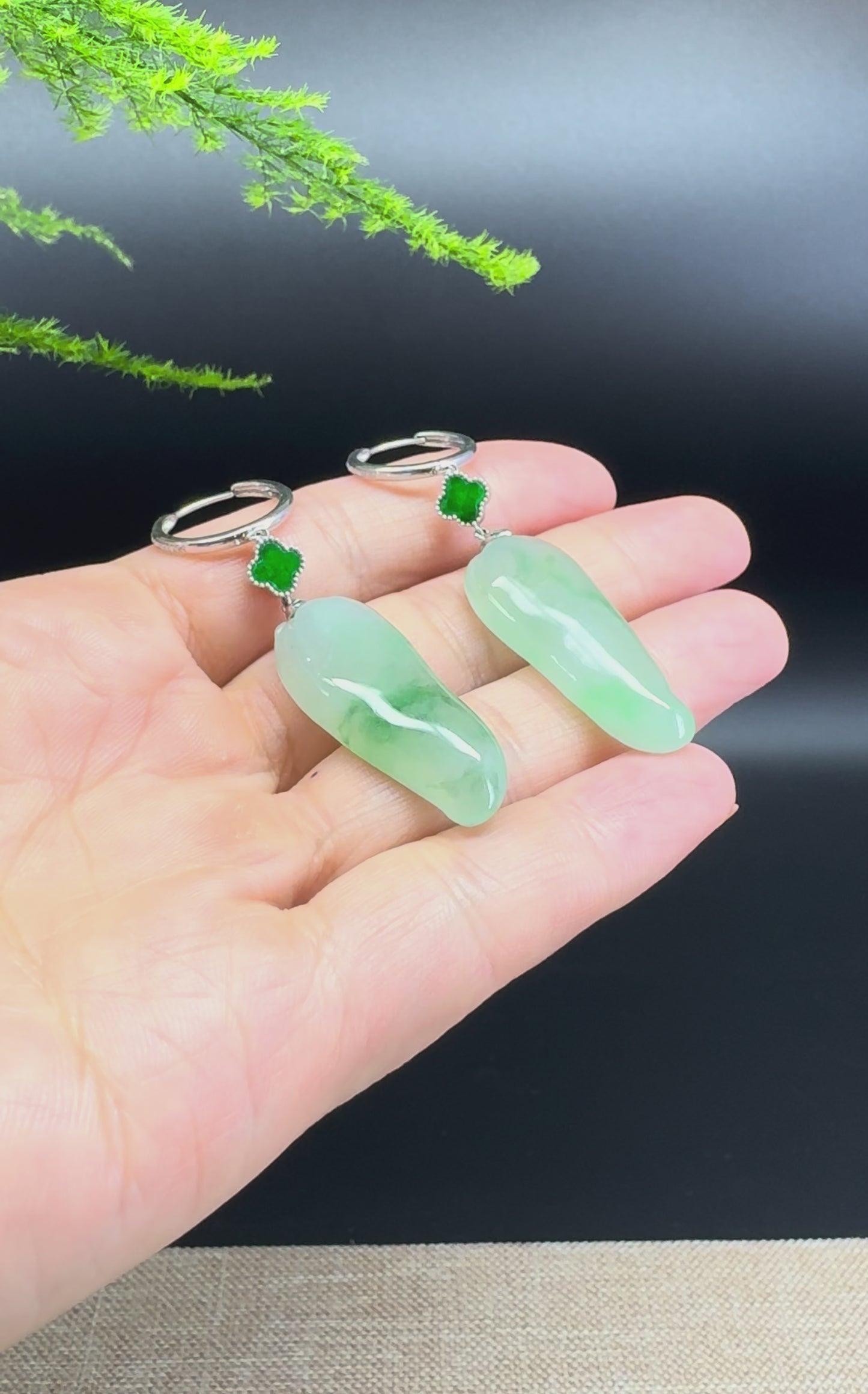 Load and play video in Gallery viewer, 18k White Gold Genuine Icy Green ShouTao Jadeite Jade Earrings With Diamonds
