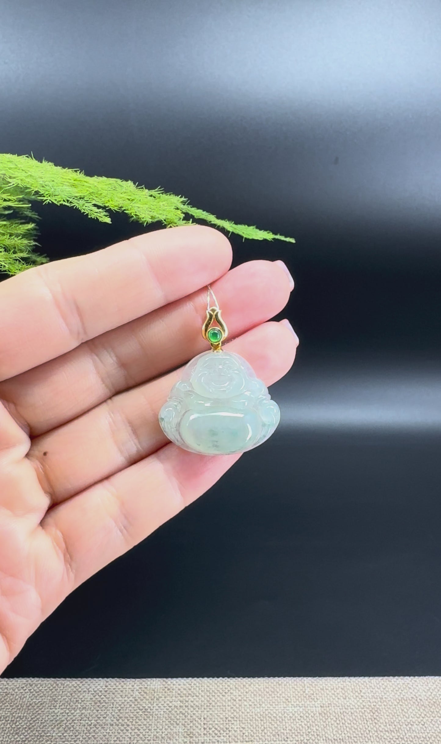 Load and play video in Gallery viewer, 18K Yellow Gold Burmese Icy Green Jadeite Jade Happy Buddha Pendant
