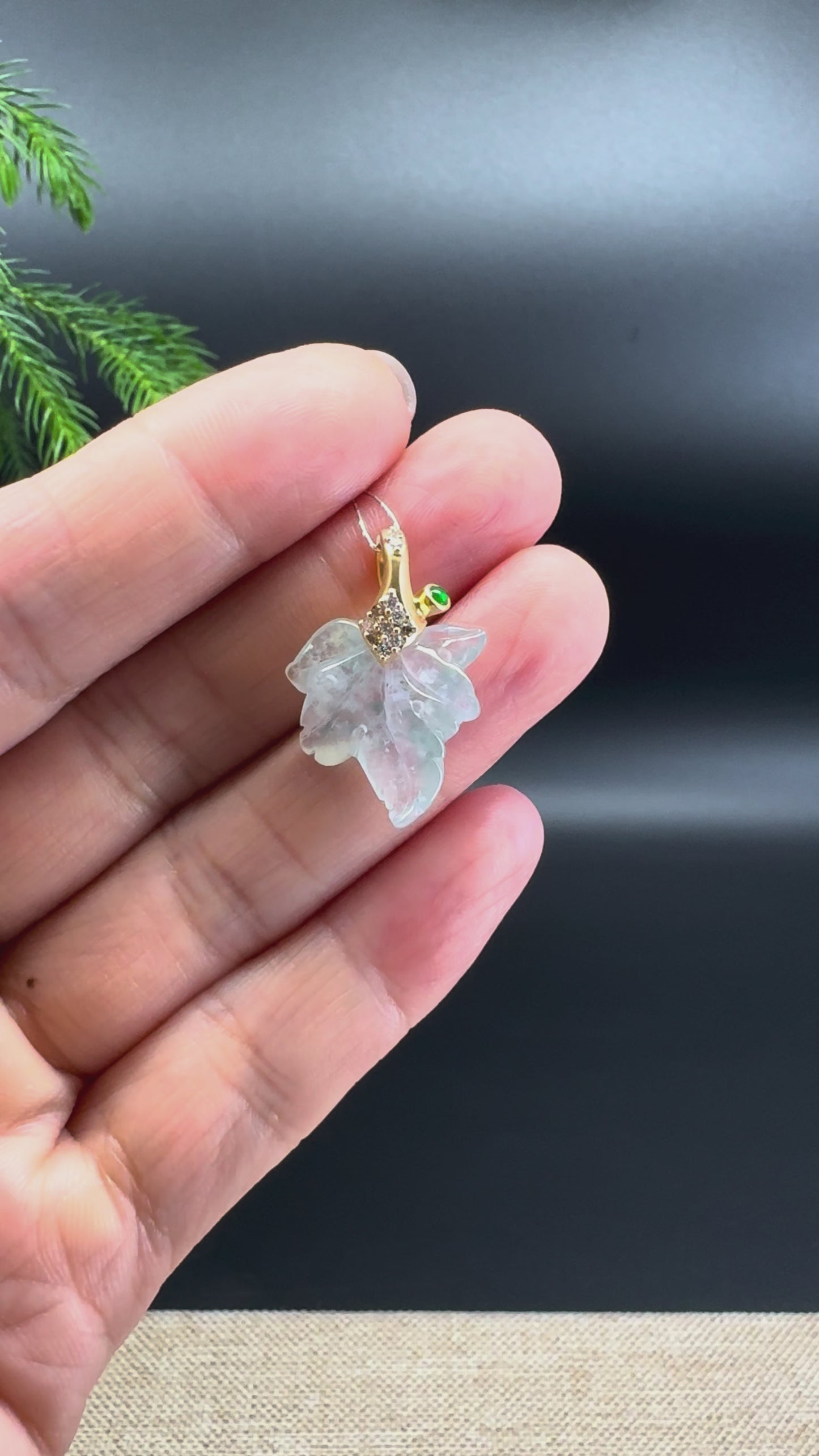 Load and play video in Gallery viewer, RealJade® &amp;quot;Maple Leaf&amp;quot; 18K Yellow Gold Icy Blue Flower Jadeite Jade Pendant With Diamonds
