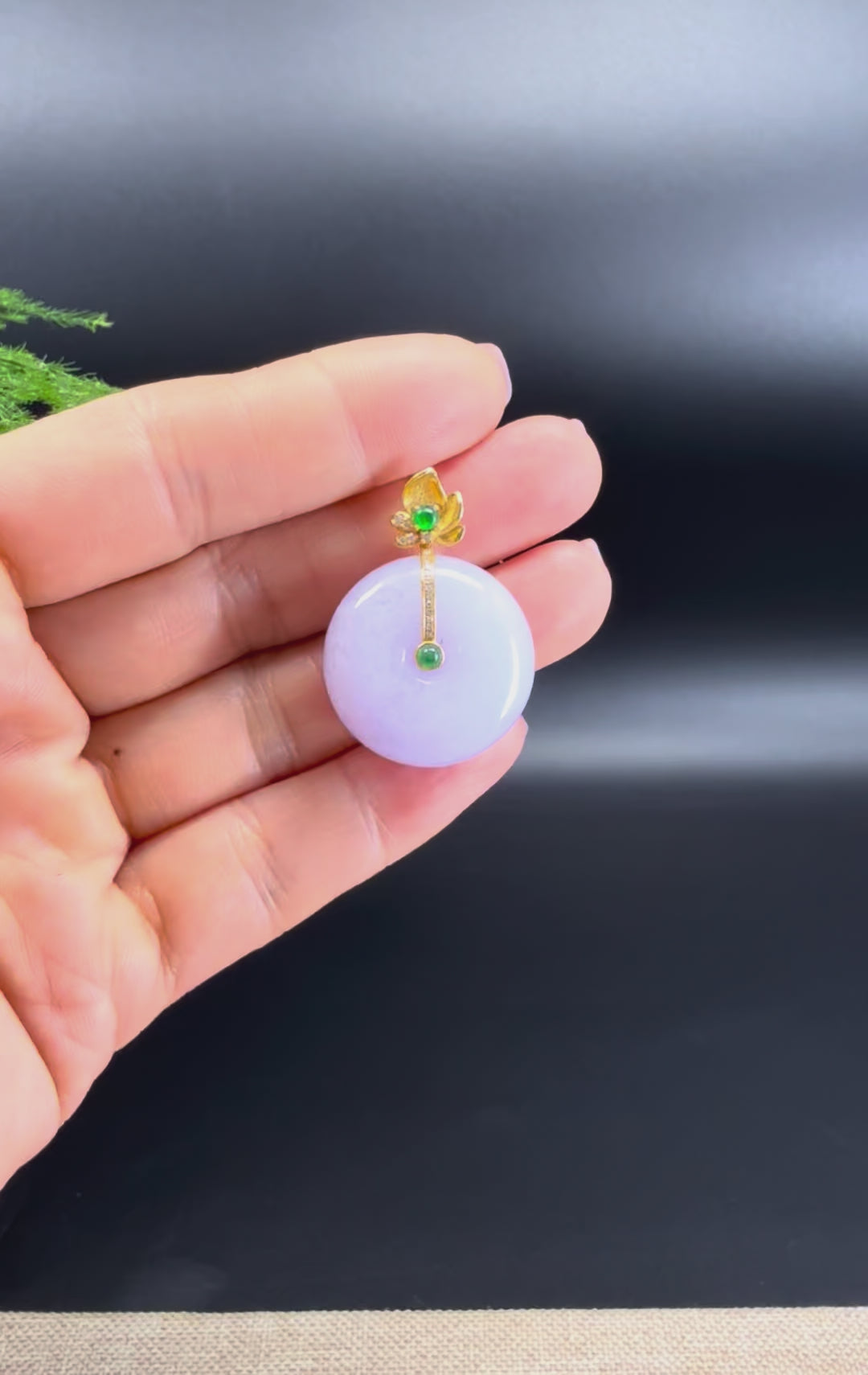 Load and play video in Gallery viewer, &amp;quot;Good Luck Button&amp;quot; Lavender Jadeite Jade Lucky KouKou Pendant With 18K Yellow Gold Bail
