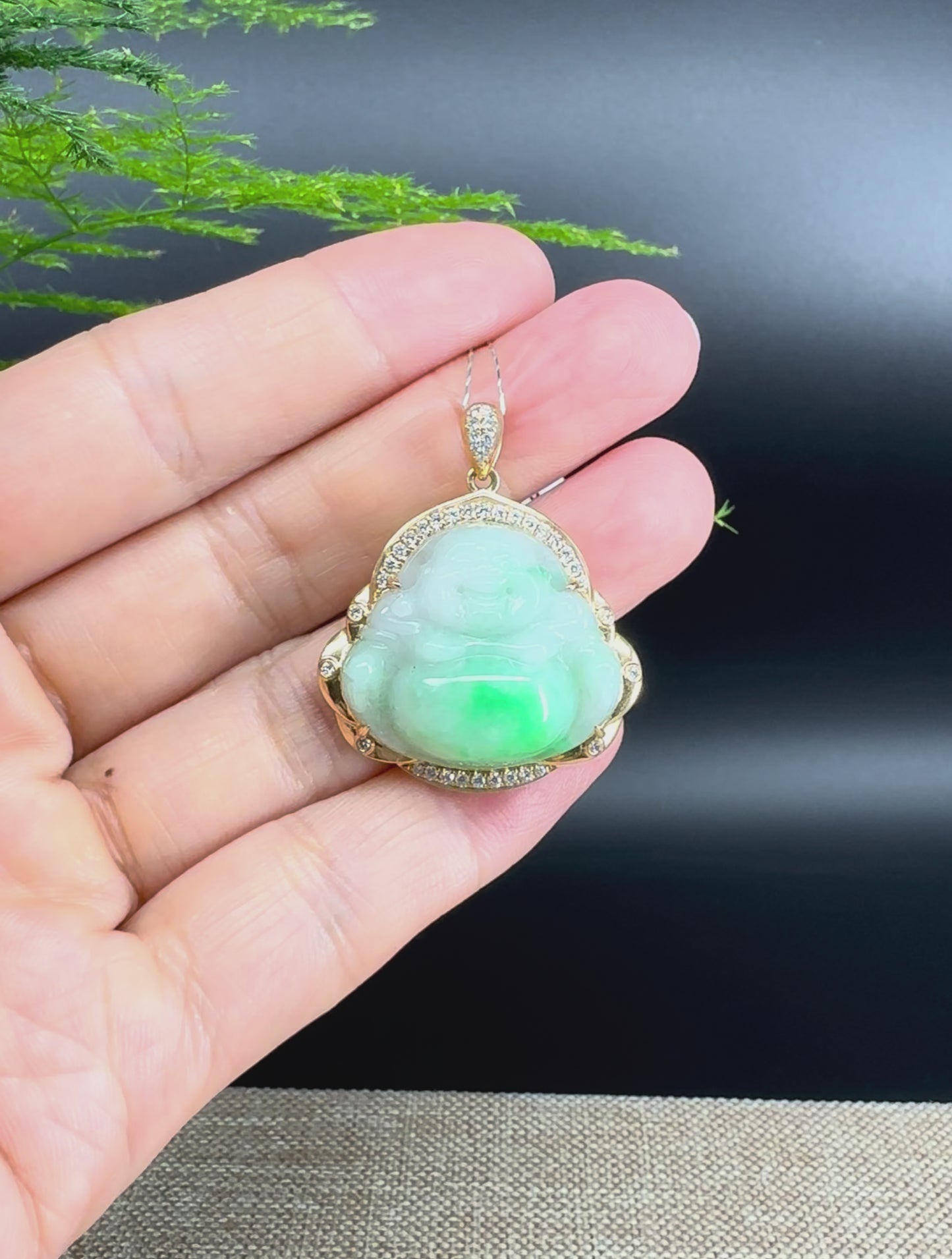 Load and play video in Gallery viewer, High-end 14K Yellow Gold Burmese White Green Jadeite Jade Happy Buddha Pendant with Diamond
