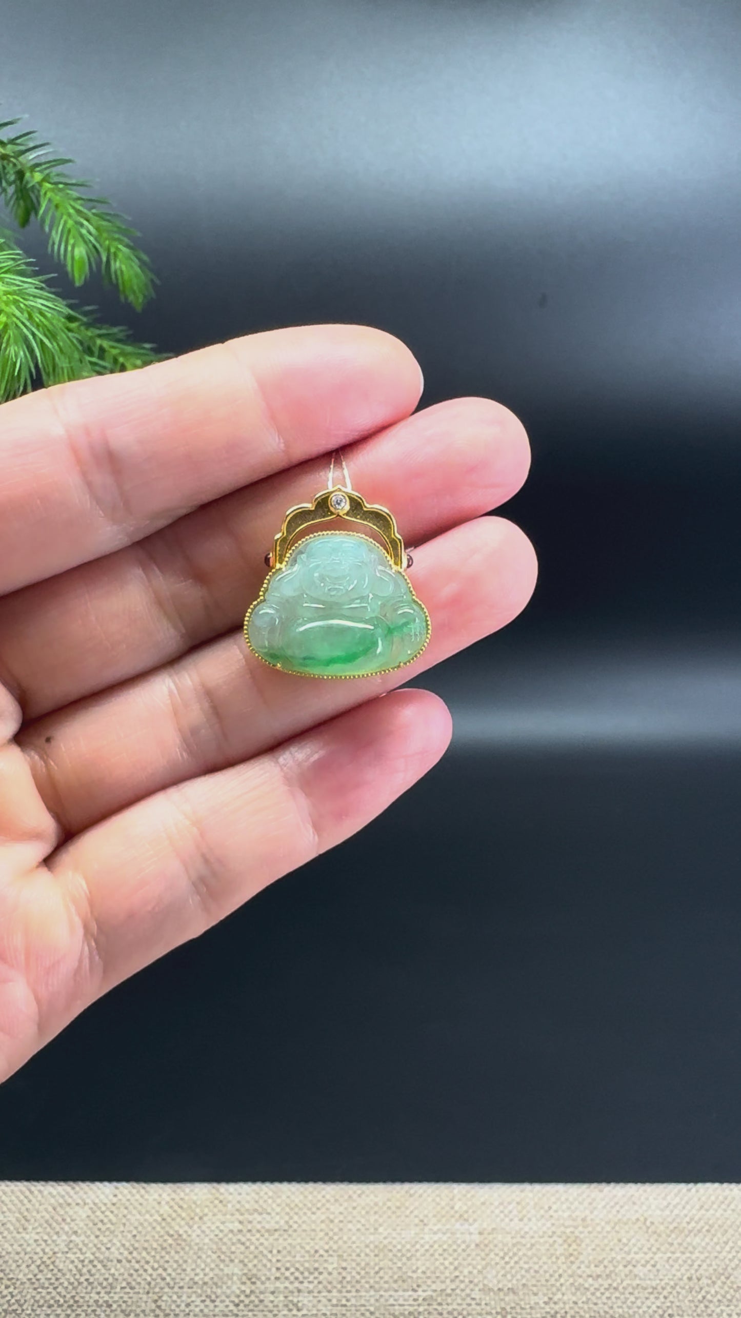 18K Yellow Gold Burmese Icy Green Jadeite Jade Happy Buddha Pendant