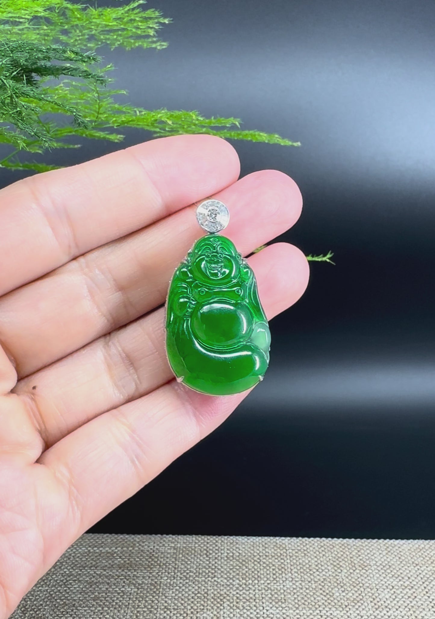 High-end 18K White Gold Guatemala Green Jadeite Jade Happy Buddha Pendant with Diamond